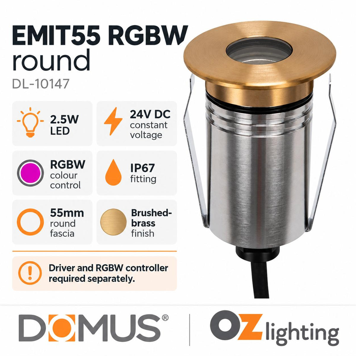 Domus EMIT-55-RGBW-BRS LED Inground Light - 2.5W, 24V DC, RGBW, IP67, Recessed, 55mm, Brass - DRIVER REQUIRED-Domus Lighting-Ozlighting.com.au