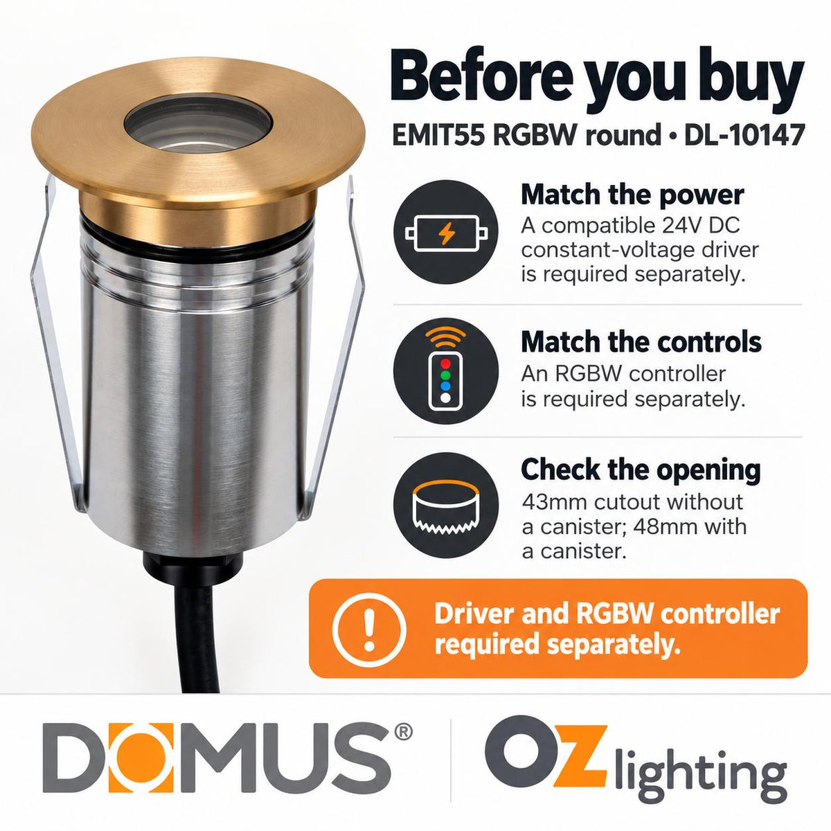 Domus EMIT-55-RGBW-BRS LED Inground Light - 2.5W, 24V DC, RGBW, IP67, Recessed, 55mm, Brass - DRIVER REQUIRED-Domus Lighting-Ozlighting.com.au
