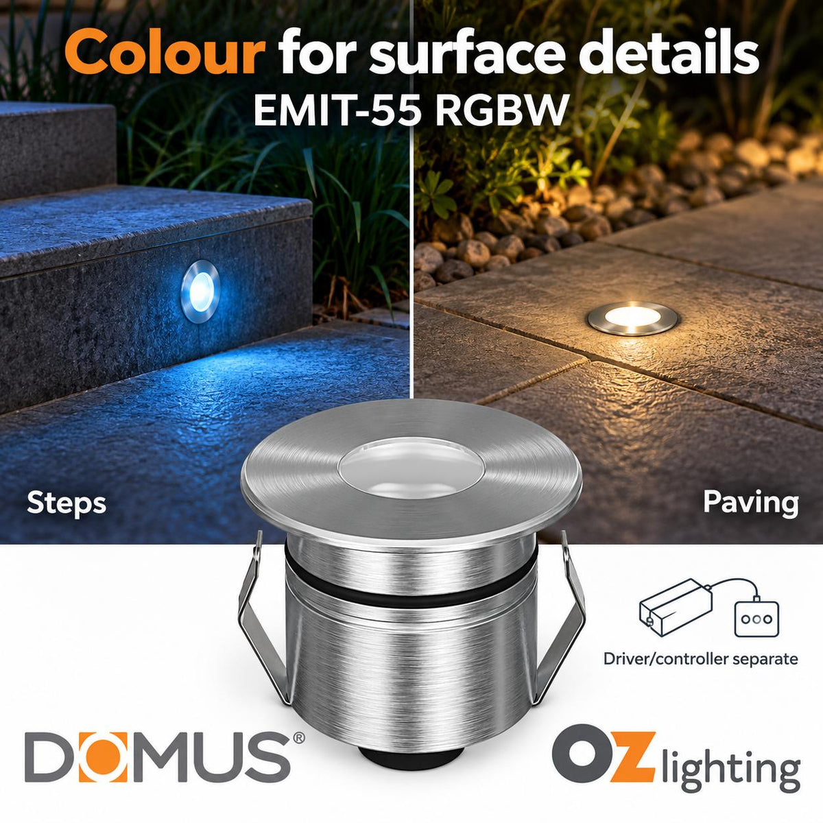 Domus EMIT-55-RGBW-STS LED Inground Light - 2.5W, 24V DC, 55mm, RGBW, IP67, Recessed, Stainless Steel - DRIVER REQUIRED-Domus Lighting-Ozlighting.com.au