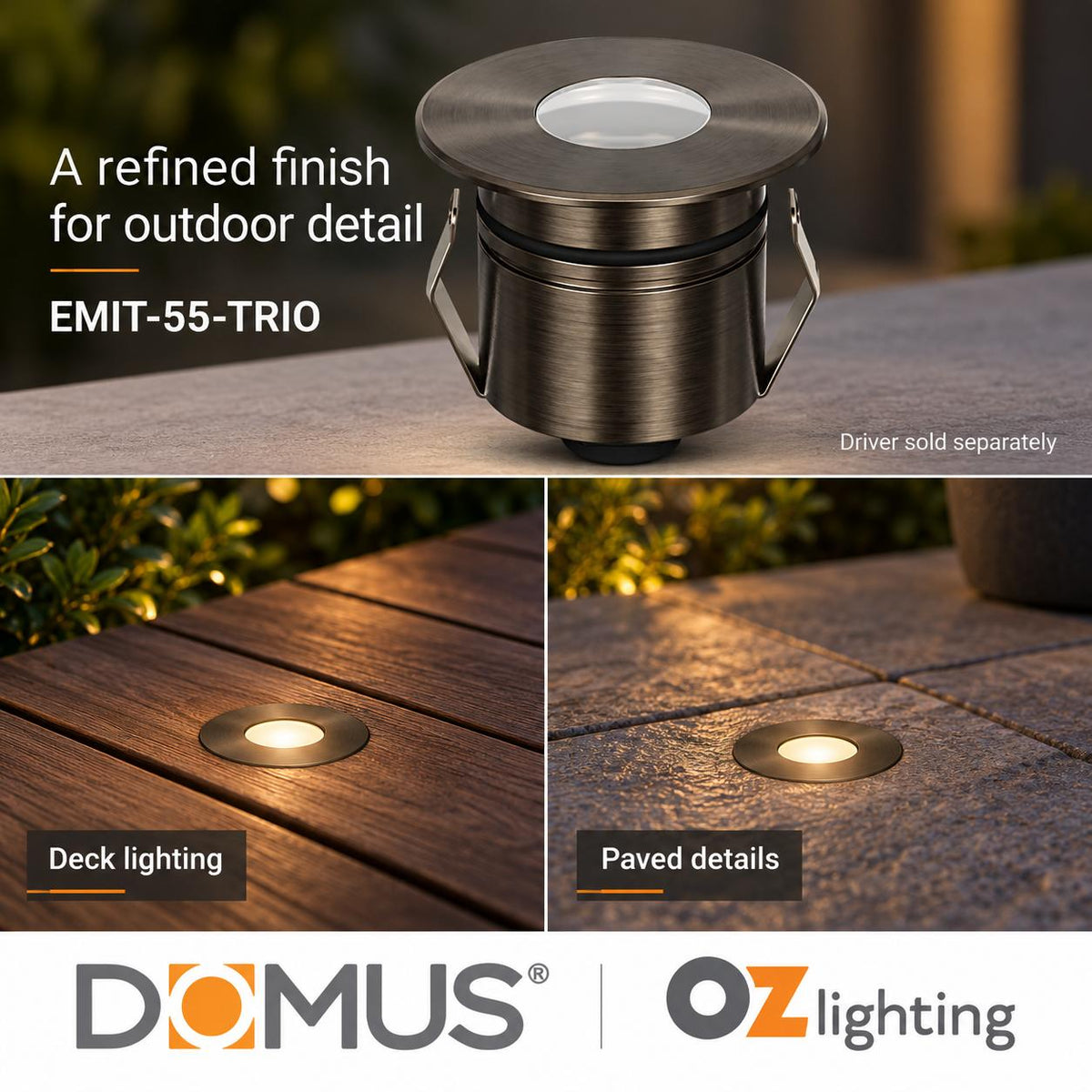 Domus EMIT-55-TRIO-AB LED Inground Light - 2.5W, 12/24V DC, Tri-Colour, IP67, Recessed, 55mm, Antique Brass - DRIVER REQUIRED-Domus Lighting-Ozlighting.com.au