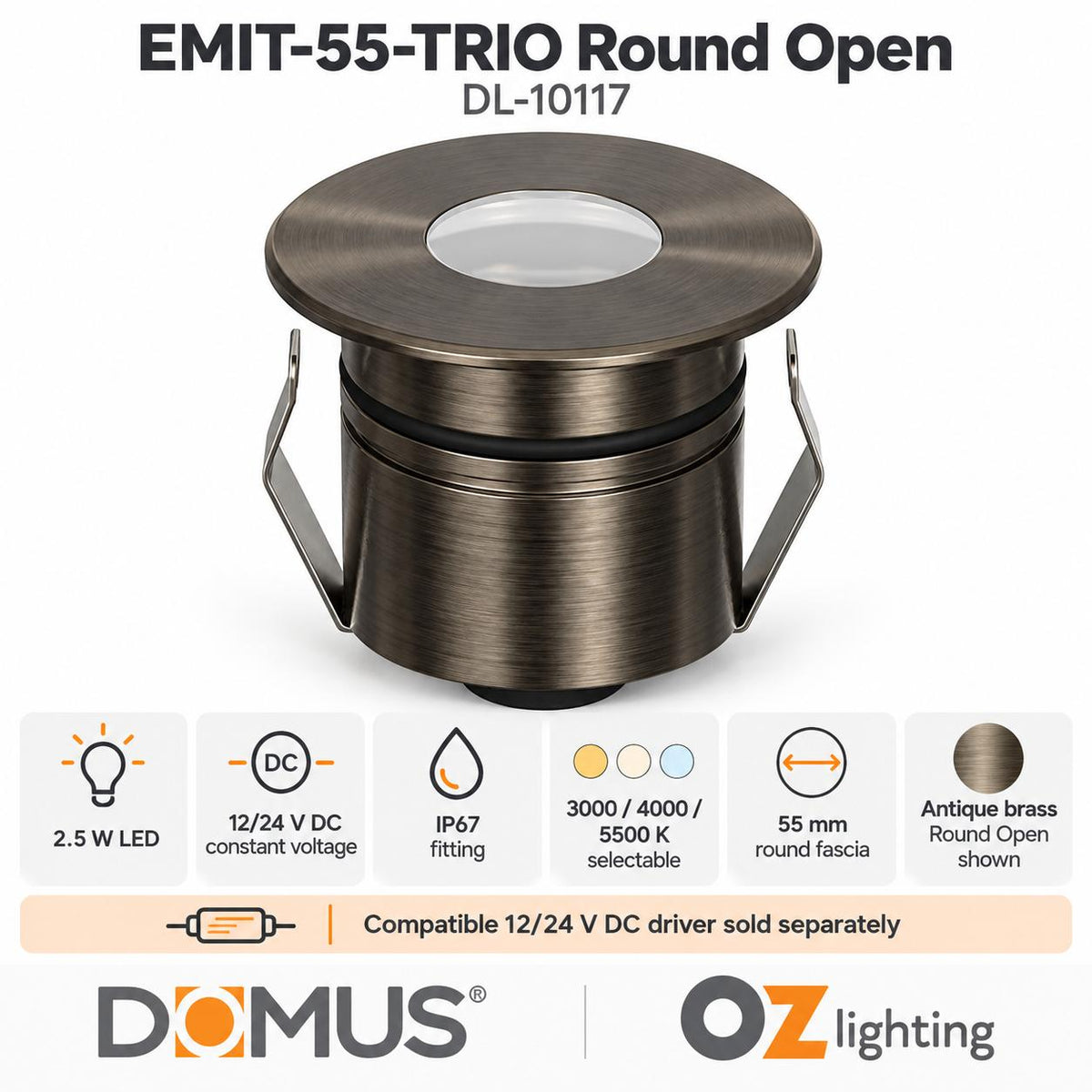 Domus EMIT-55-TRIO-AB LED Inground Light - 2.5W, 12/24V DC, Tri-Colour, IP67, Recessed, 55mm, Antique Brass - DRIVER REQUIRED-Domus Lighting-Ozlighting.com.au