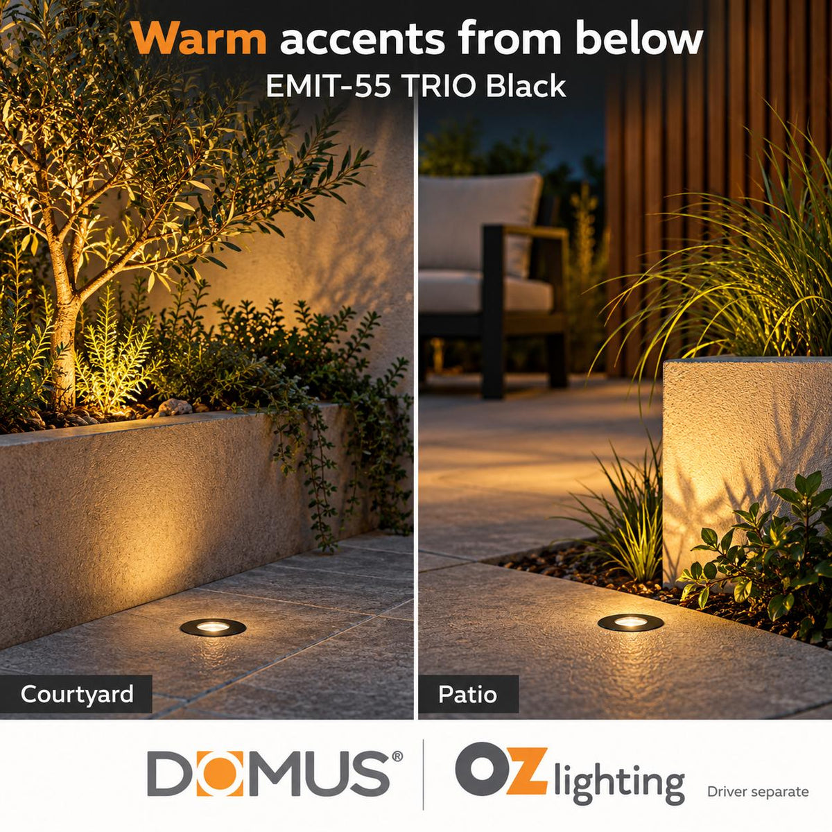 Domus EMIT-55-TRIO-BLK LED Inground Light - 2.5W, 12/24V DC, Tri-Colour, IP67, Recessed, 55mm, Black - DRIVER REQUIRED-Domus Lighting-Ozlighting.com.au