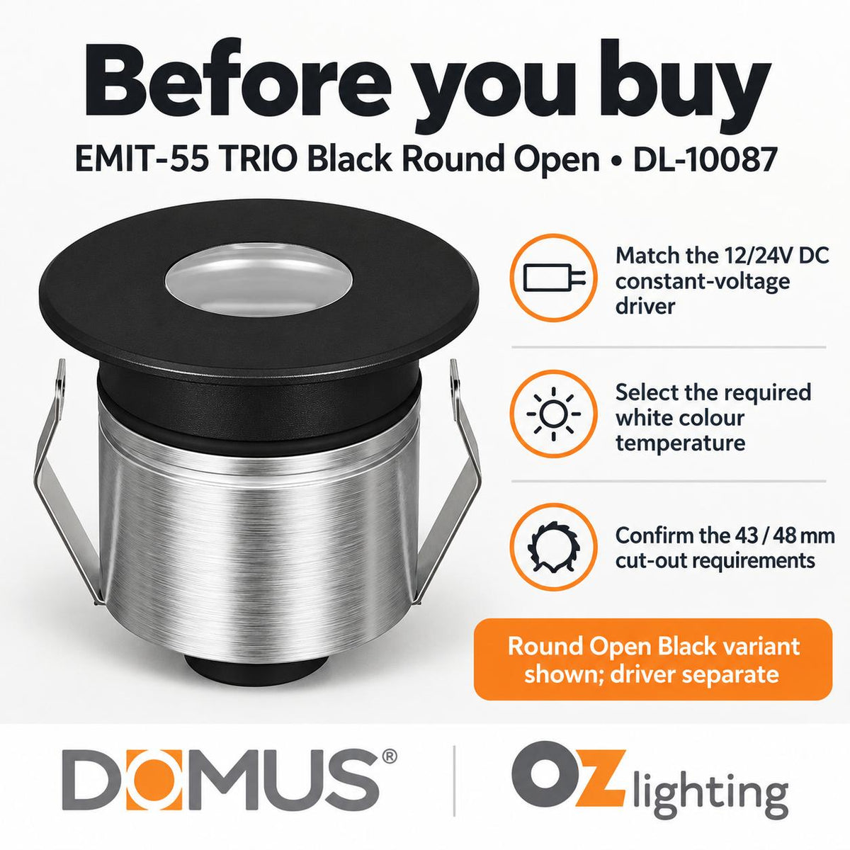 Domus EMIT-55-TRIO-BLK LED Inground Light - 2.5W, 12/24V DC, Tri-Colour, IP67, Recessed, 55mm, Black - DRIVER REQUIRED-Domus Lighting-Ozlighting.com.au