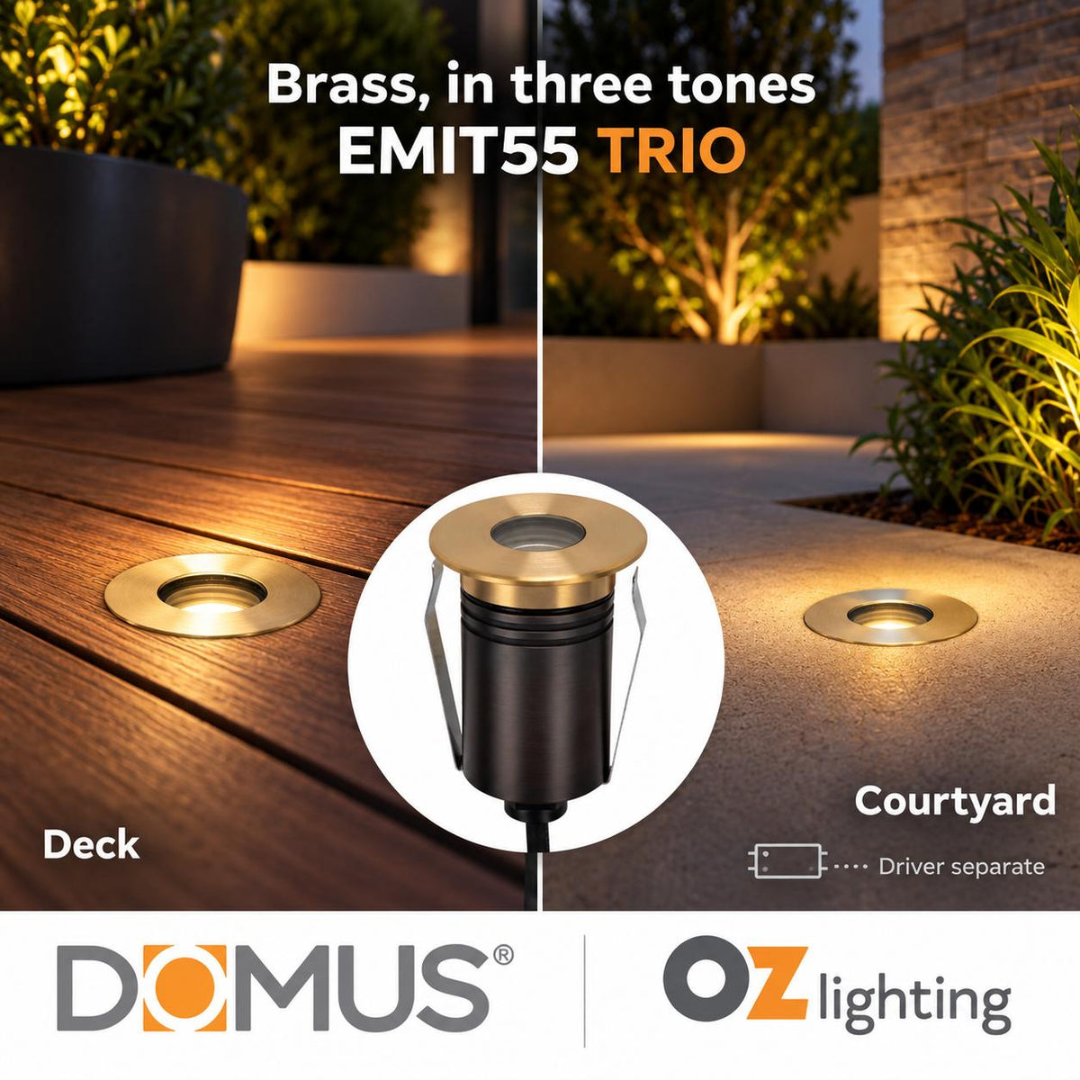 Domus EMIT-55-TRIO-BRS LED Inground Light - 2.5W, 12/24V DC, Tri-Colour, IP67, Recessed, 55mm, Brass - DRIVER REQUIRED-Domus Lighting-Ozlighting.com.au