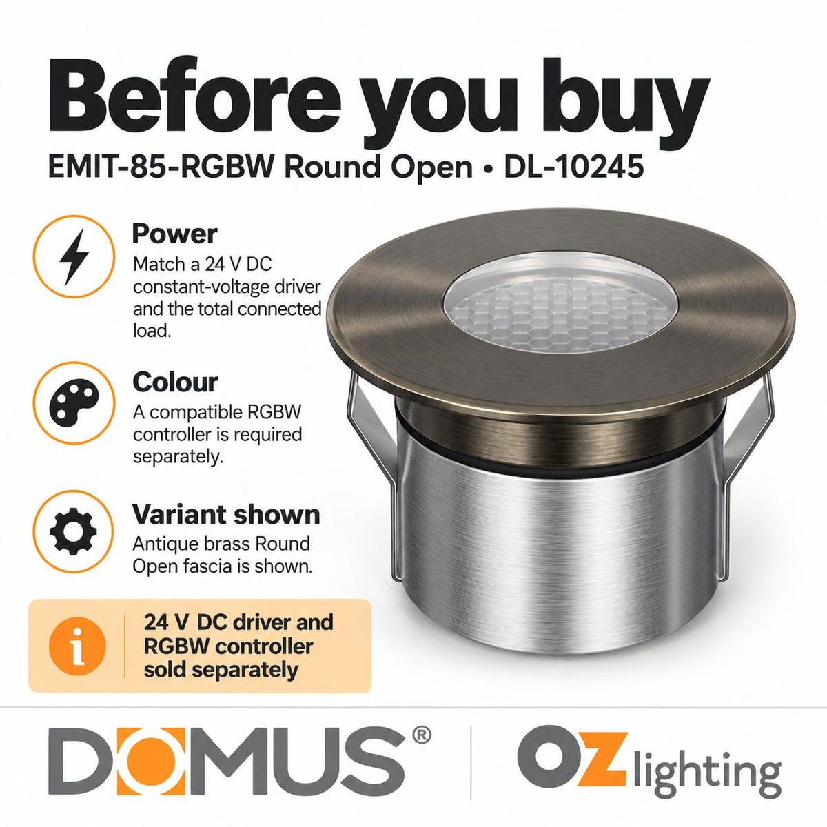 Domus EMIT-85-RGBW-AB LED Inground Light - 6W, 24V DC, RGBW, IP67, Recessed, Antique Brass - DRIVER REQUIRED-Domus Lighting-Ozlighting.com.au