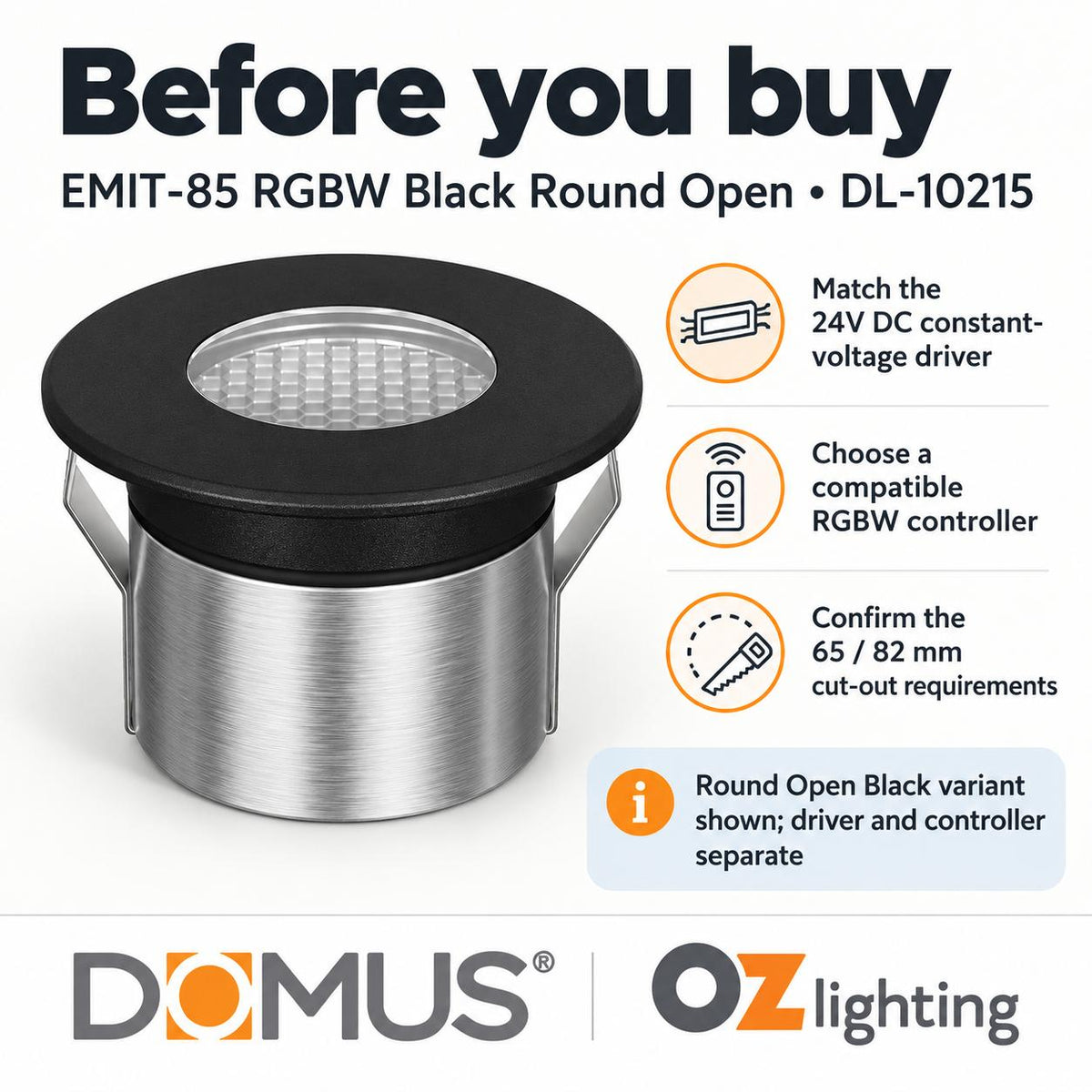 Domus EMIT-85-RGBW-BLK LED Inground Light - 6W, 24V DC, RGBW, IP67, Recessed, Black - DRIVER REQUIRED-Domus Lighting-Ozlighting.com.au
