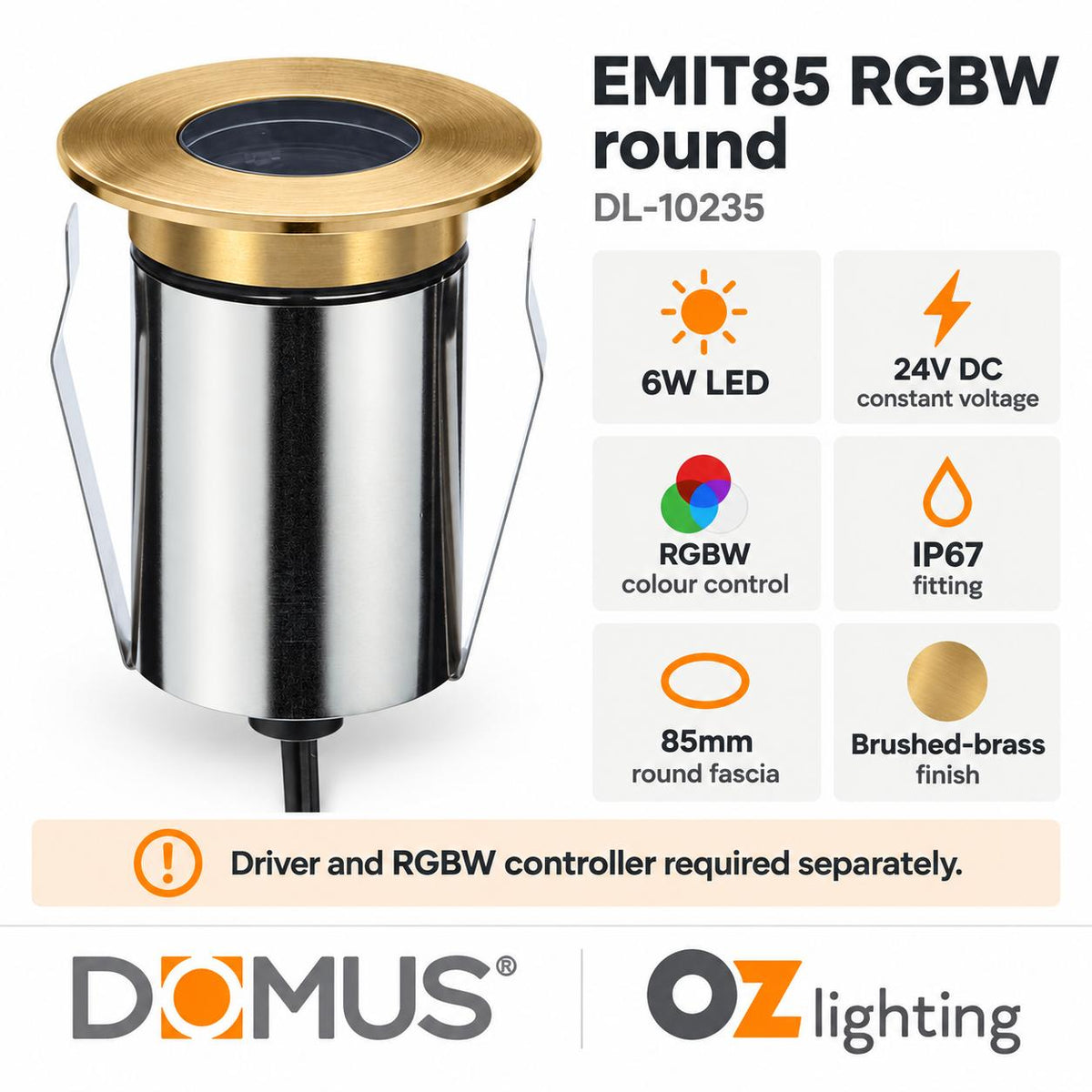 Domus EMIT-85-RGBW-BRS LED Inground Light - 6W, 24V DC, RGBW, IP67, Recessed, Brass - DRIVER REQUIRED-Domus Lighting-Ozlighting.com.au