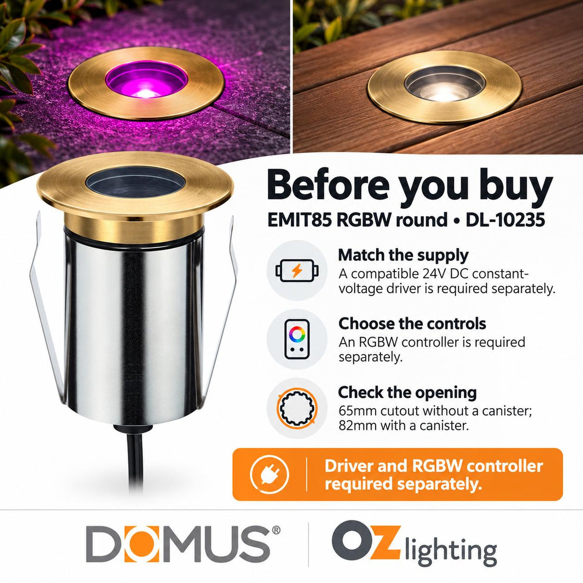 Domus EMIT-85-RGBW-BRS LED Inground Light - 6W, 24V DC, RGBW, IP67, Recessed, Brass - DRIVER REQUIRED-Domus Lighting-Ozlighting.com.au