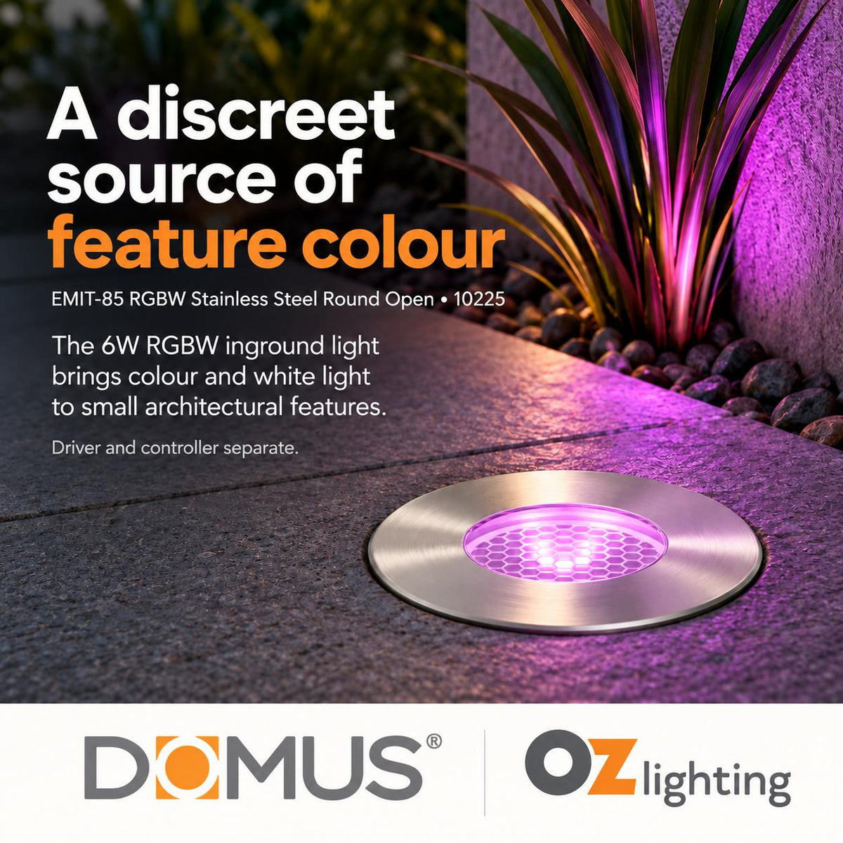 Domus EMIT-85-RGBW-STS LED Inground Light - 6W, 24V DC, RGBW, IP67, Recessed, Stainless Steel - DRIVER REQUIRED-Domus Lighting-Ozlighting.com.au