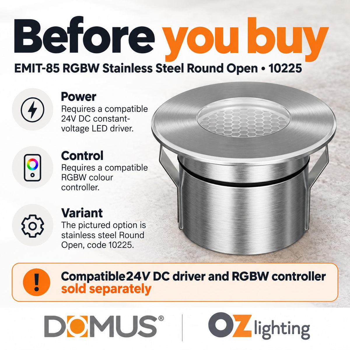 Domus EMIT-85-RGBW-STS LED Inground Light - 6W, 24V DC, RGBW, IP67, Recessed, Stainless Steel - DRIVER REQUIRED-Domus Lighting-Ozlighting.com.au