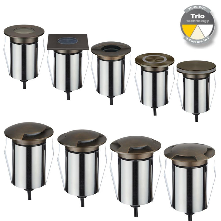 Domus EMIT-85-TRIO-AB - 6W LED 24V DC Tri-Colour Recessed Inground Light IP67 Antique Brass- DRIVER REQUIRED-Domus Lighting-Ozlighting.com.au