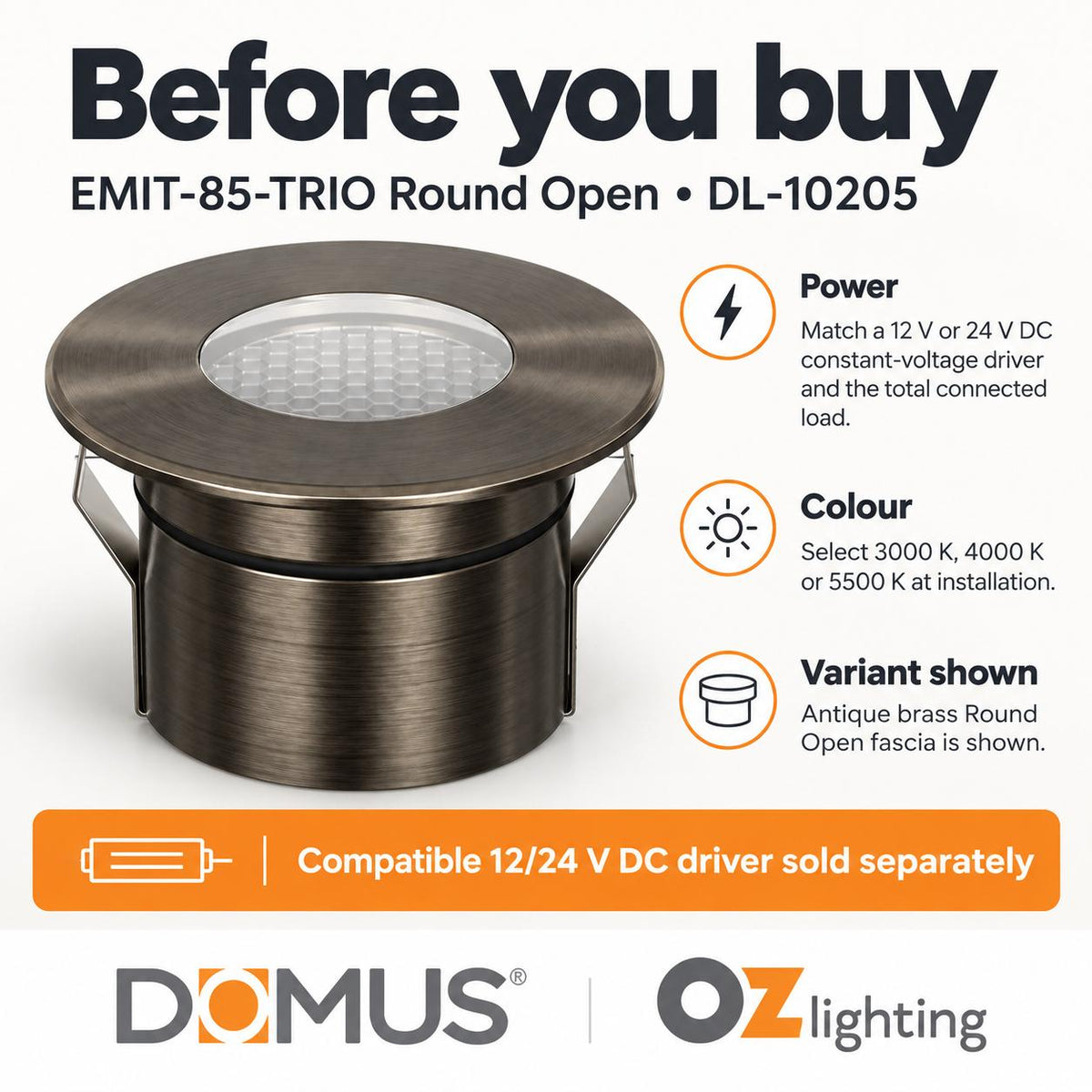 Domus EMIT-85-TRIO-AB LED Inground Light - 6W, 24V DC, Tri-Colour, IP67, Recessed, Antique Brass - DRIVER REQUIRED-Domus Lighting-Ozlighting.com.au