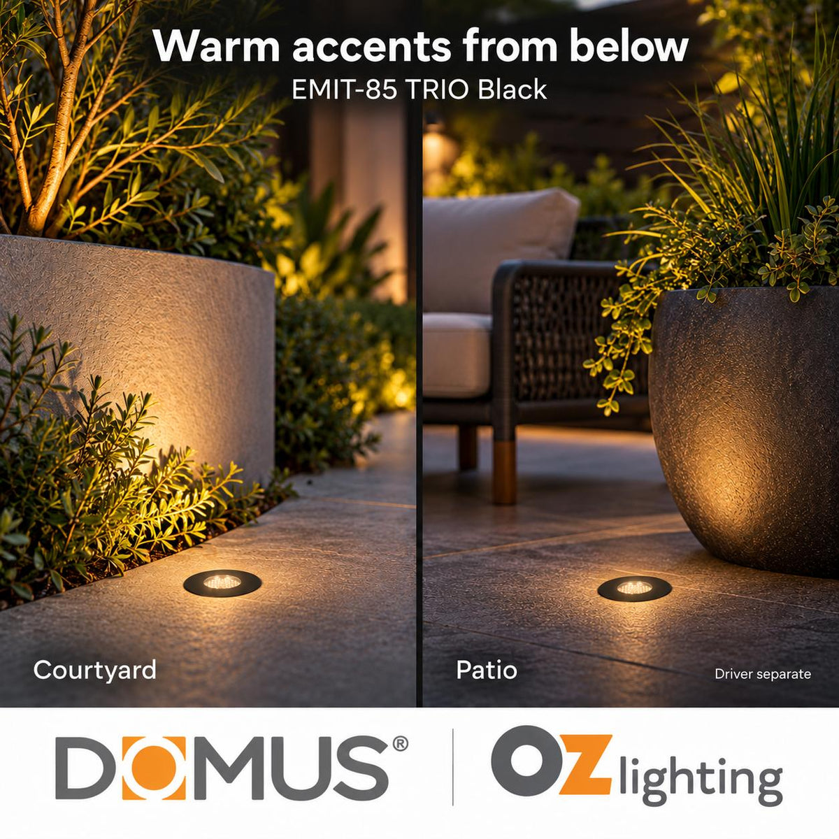 Domus EMIT-85-TRIO-BLK LED Inground Light - 6W, 24V DC, Tri-Colour, IP67, Recessed, Black - DRIVER REQUIRED-Domus Lighting-Ozlighting.com.au