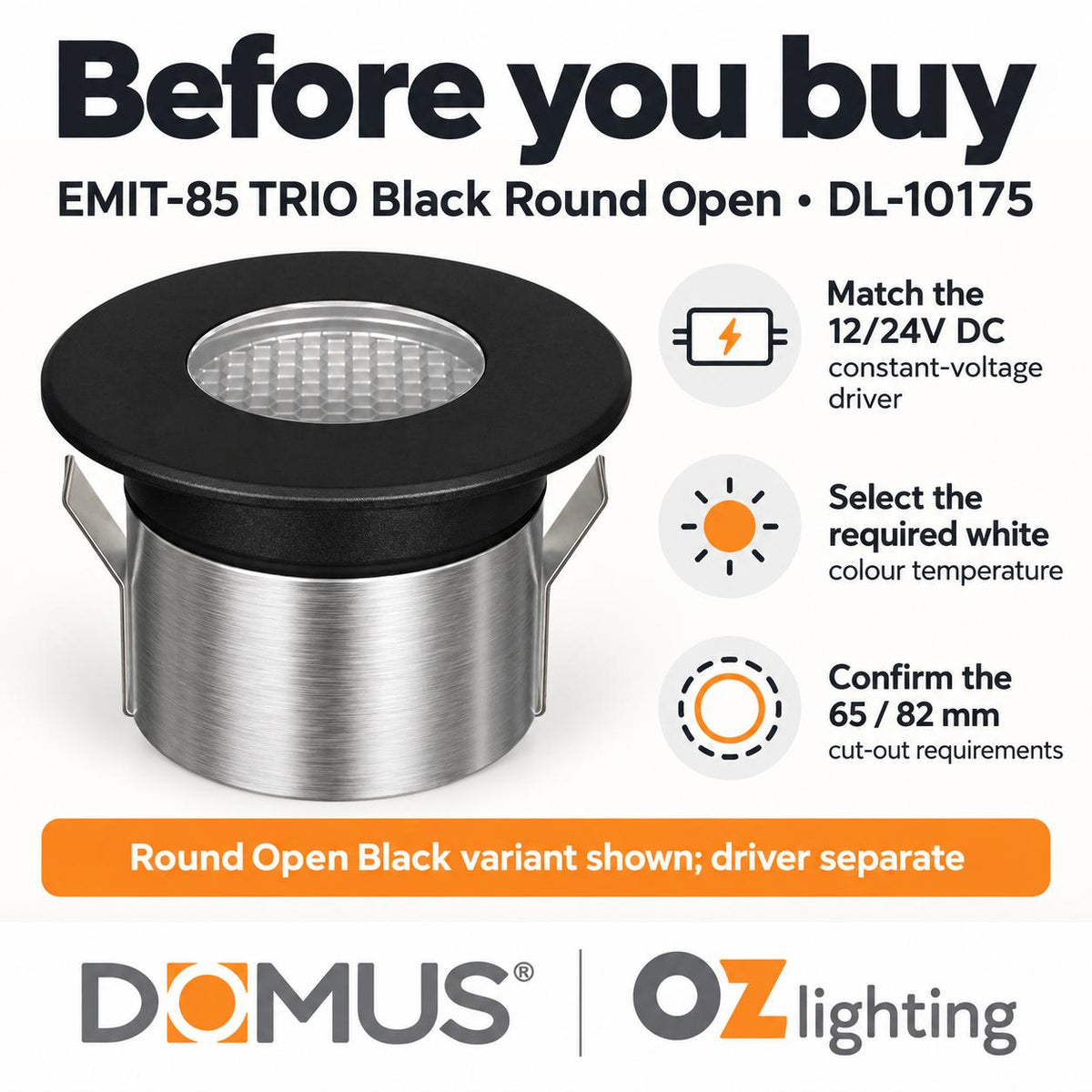 Domus EMIT-85-TRIO-BLK LED Inground Light - 6W, 24V DC, Tri-Colour, IP67, Recessed, Black - DRIVER REQUIRED-Domus Lighting-Ozlighting.com.au