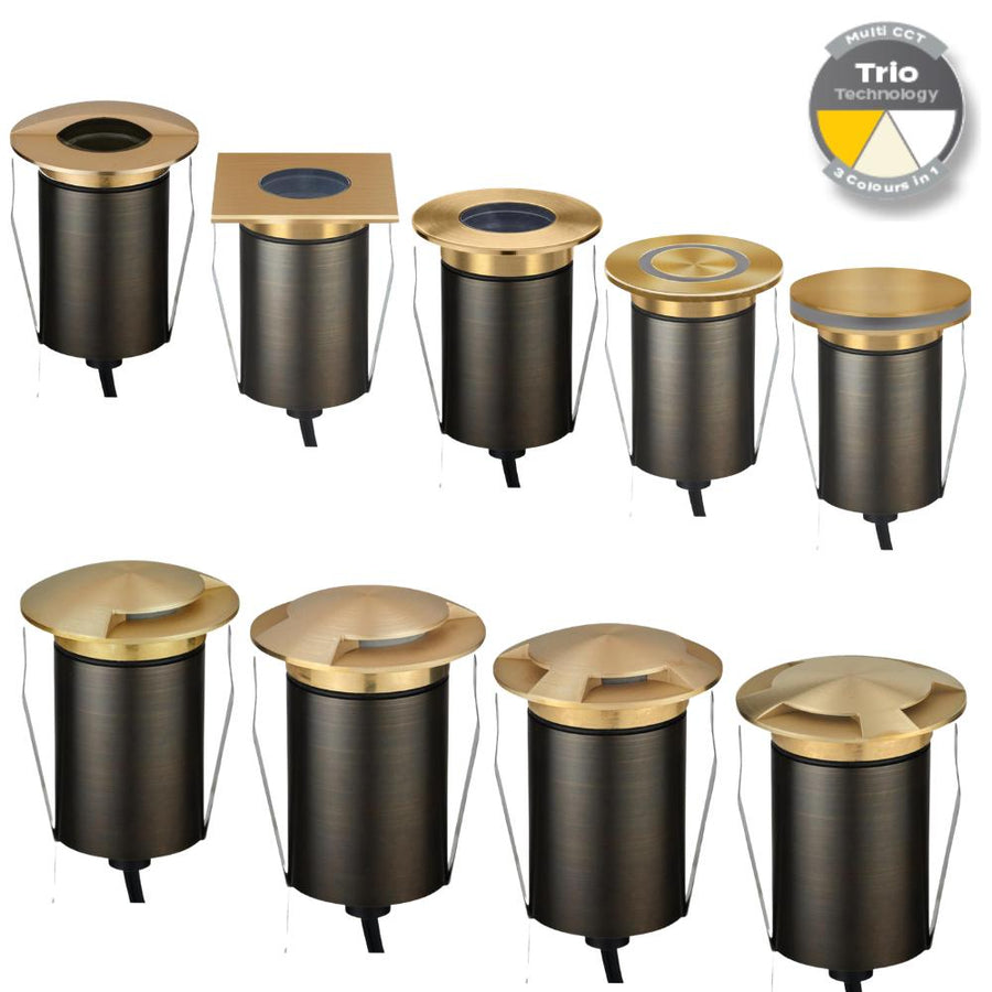 Domus EMIT-85-TRIO-BRS- 6W LED 24V DC Tri-Colour Recessed Inground Light IP67 Brushed Brass - DRIVER REQUIRED-Domus Lighting-Ozlighting.com.au