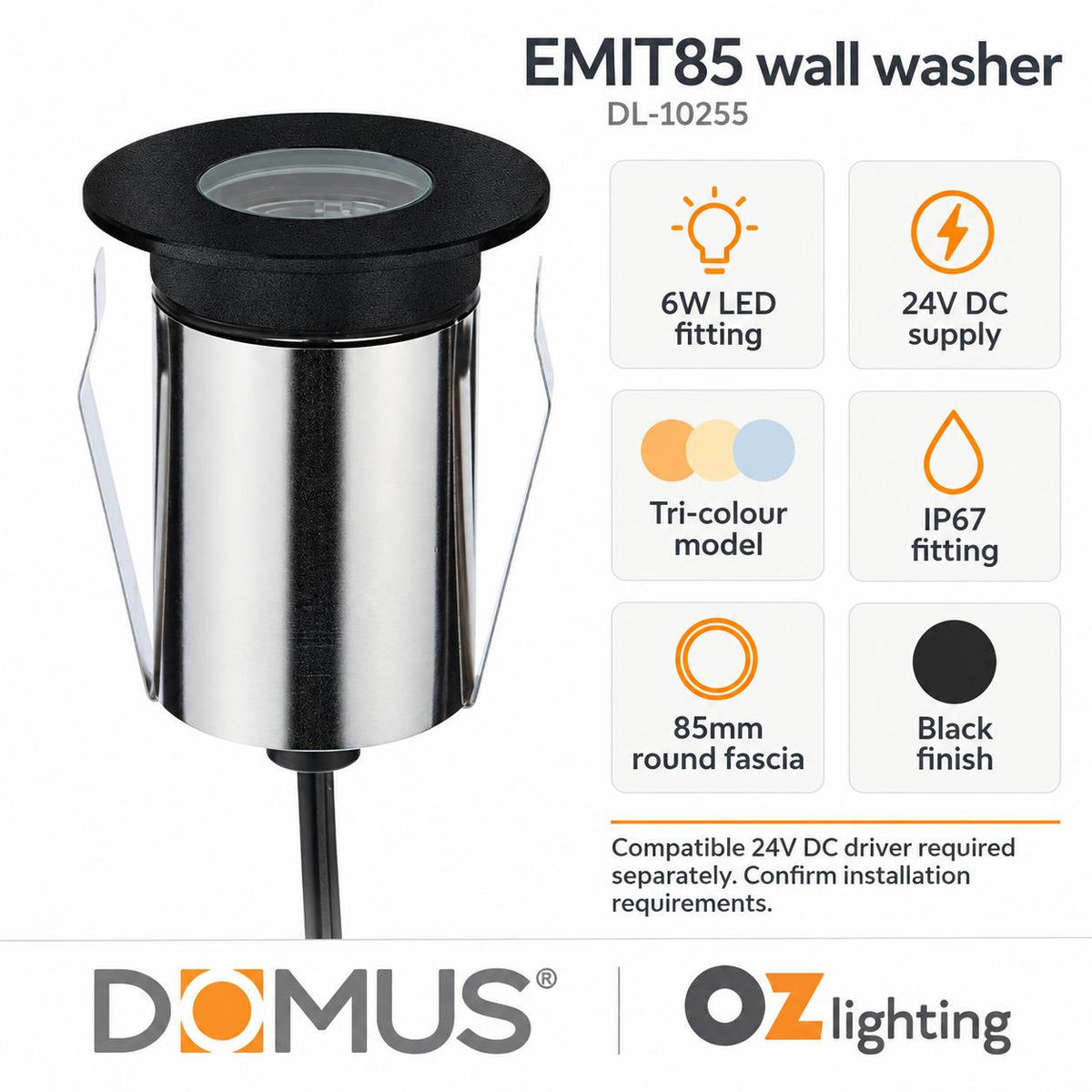 Domus EMIT-85-TRIO-WW LED Inground Wall Washer Light - 6W, 24V DC, Tri-Colour, IP67 - DRIVER REQUIRED-Domus Lighting-Ozlighting.com.au