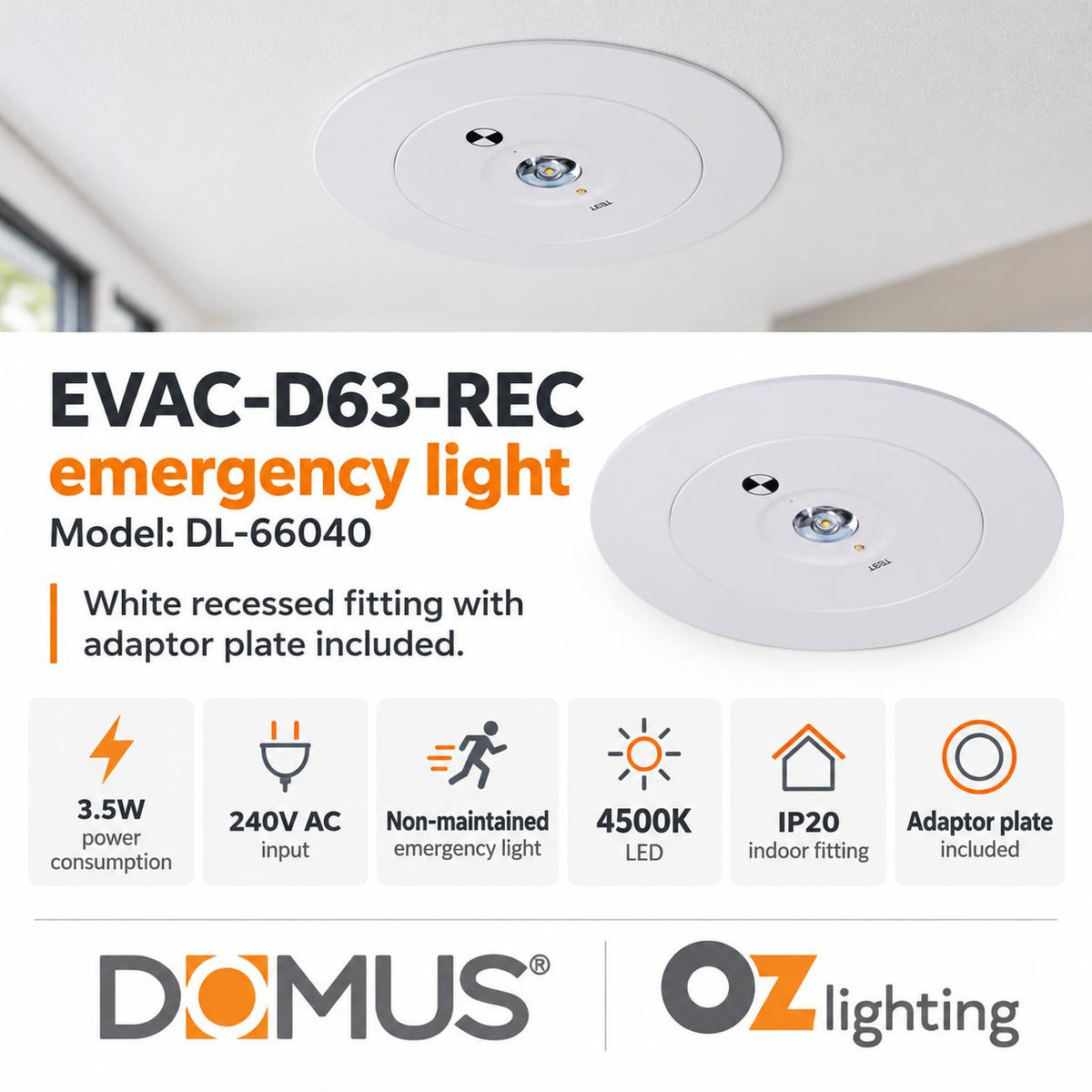 Domus EVAC-D63-REC 3.5W LED D63 Non-maintained Recessed Emergency Light-Domus Lighting-Ozlighting.com.au