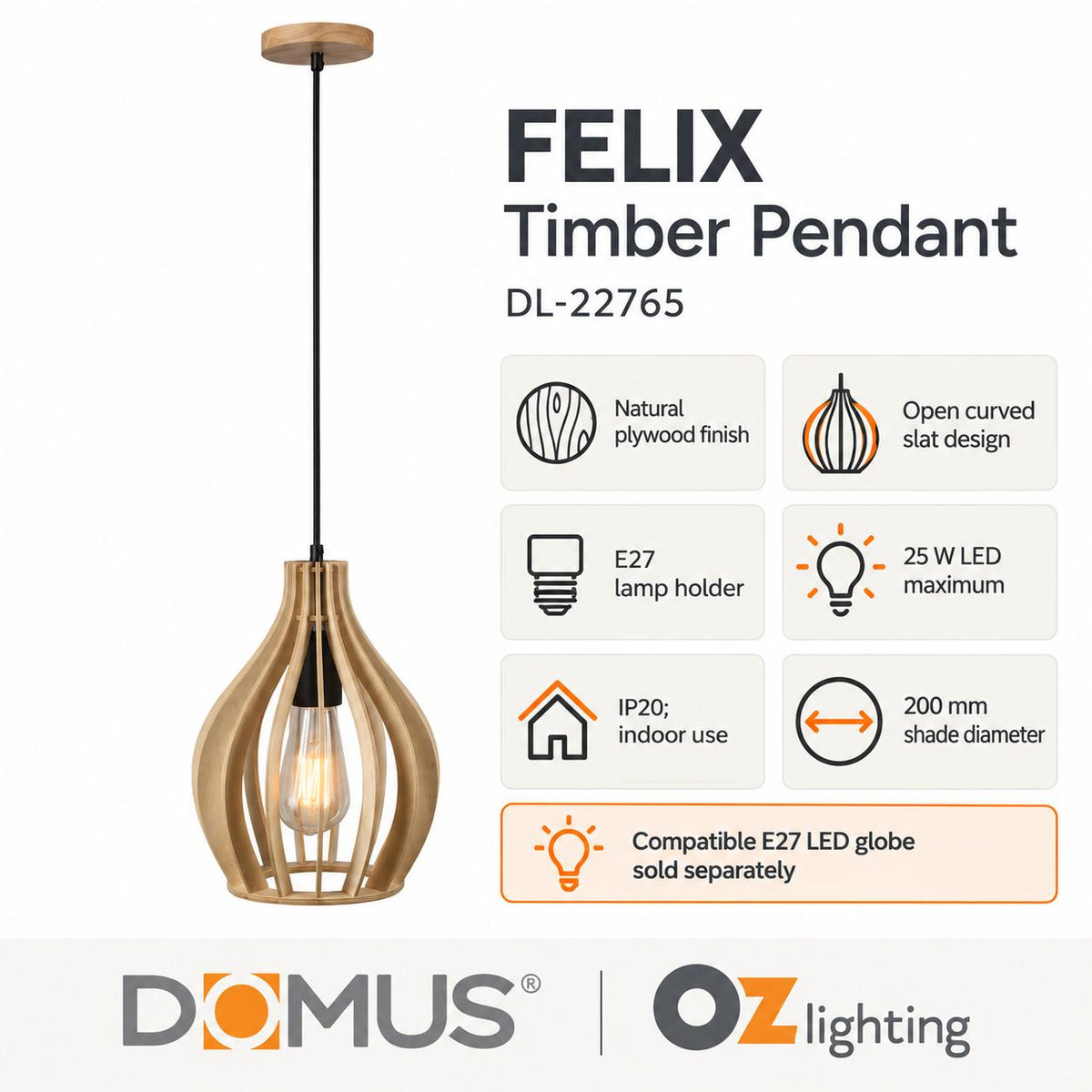 Domus FELIX Pendant - Timber-Domus Lighting-Ozlighting.com.au