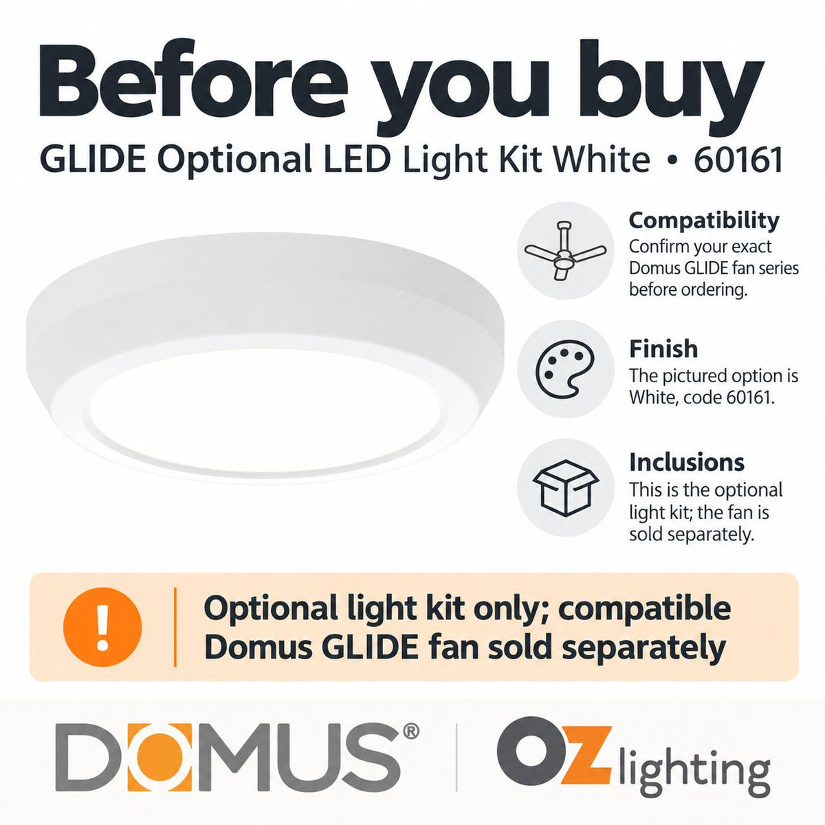 Domus GLIDE-LIGHT-KIT Optional LED Light Kit - 18W, Tri-Colour, to suit Glide Series Ceiling Fan-Domus Lighting-Ozlighting.com.au