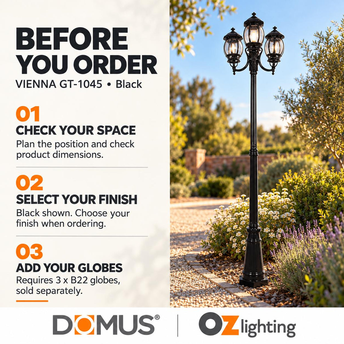Domus GT-1045 Vienna Three Head Curved Arm Tall Post-Domus Lighting-Ozlighting.com.au