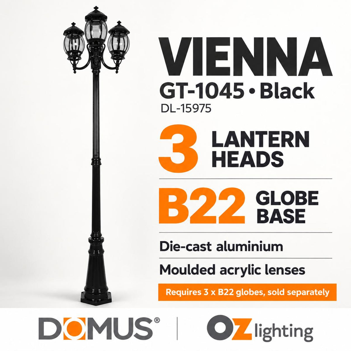 Domus GT-1045 Vienna Three Head Curved Arm Tall Post-Domus Lighting-Ozlighting.com.au