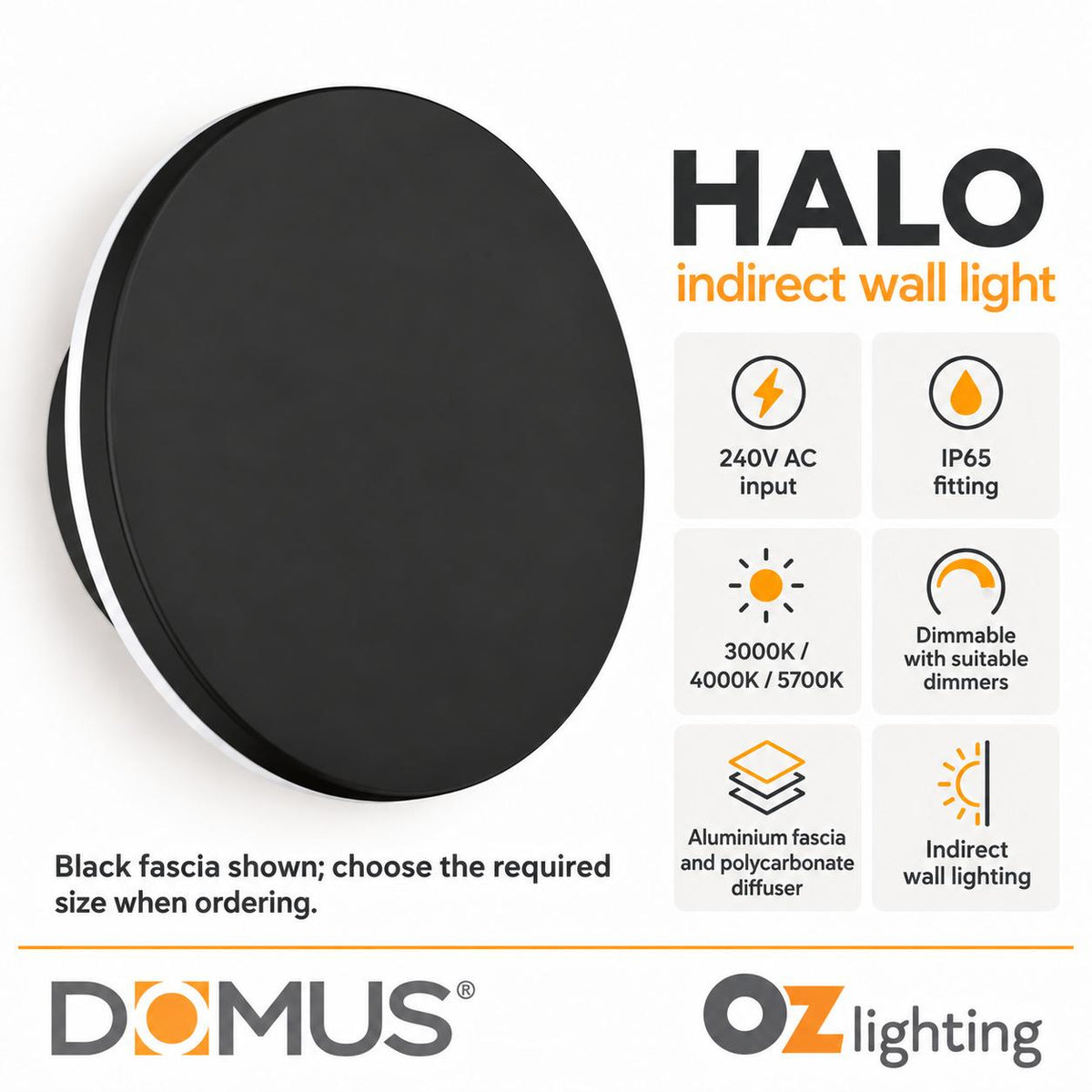 Domus HALO LED Wall Light - 8W/15W, Tri-Colour, Dimmable, IP65-Domus Lighting-Ozlighting.com.au
