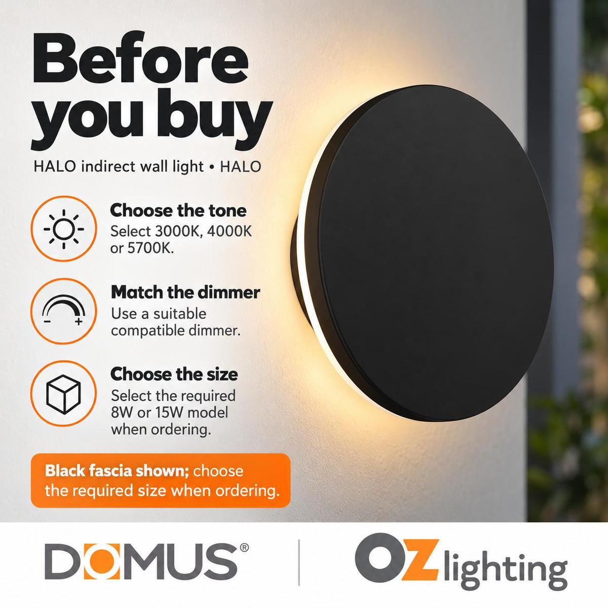 Domus HALO LED Wall Light - 8W/15W, Tri-Colour, Dimmable, IP65-Domus Lighting-Ozlighting.com.au