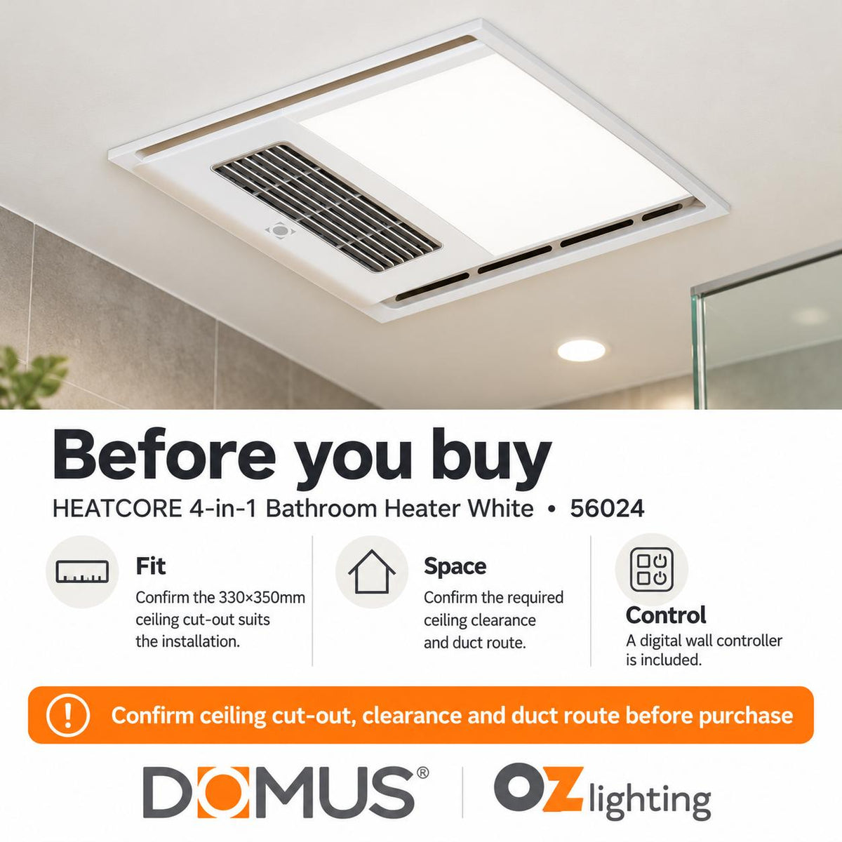 Domus HEATCORE 4-In-1 Retrofit PTC Bathroom Heater-Domus Lighting-Ozlighting.com.au