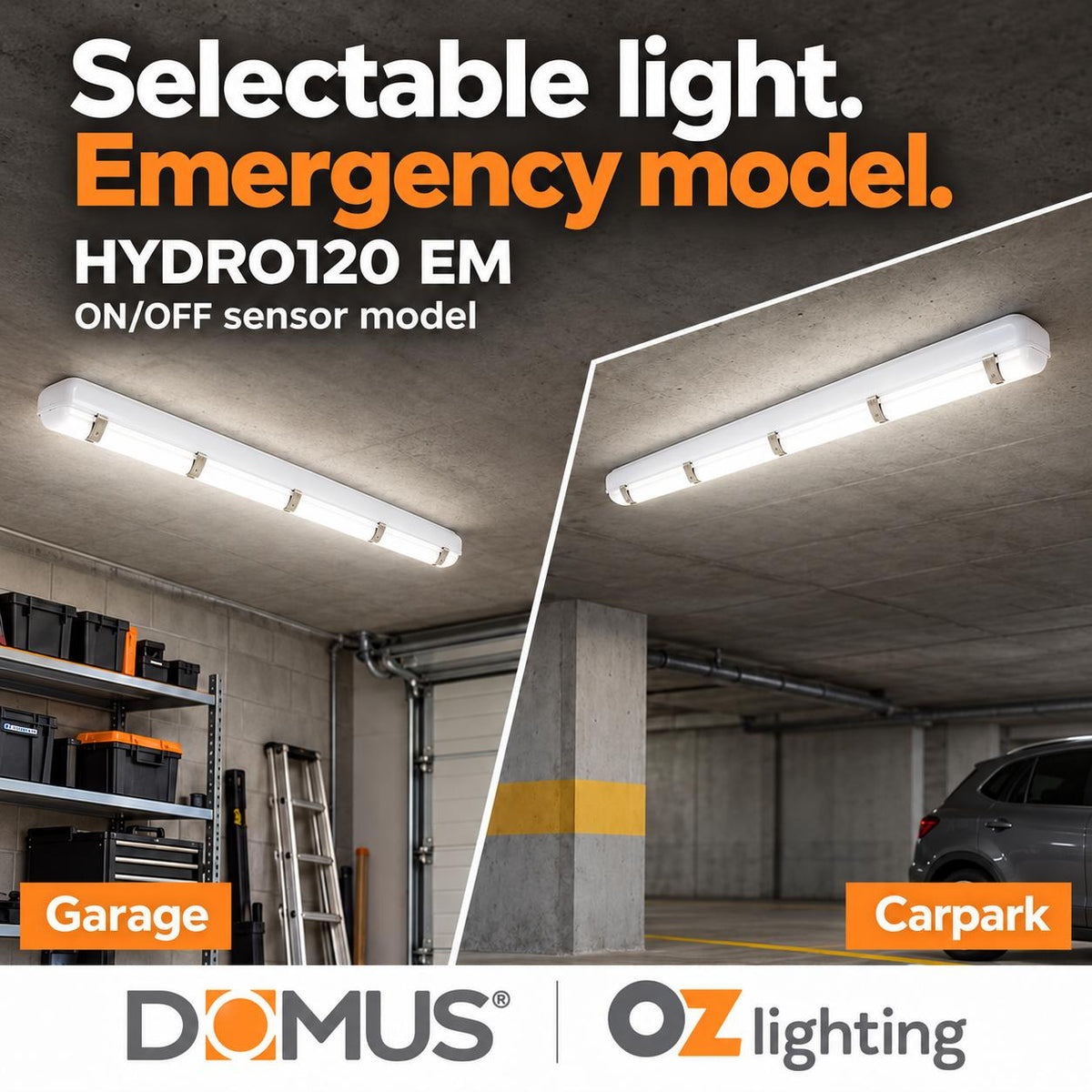 Domus HYDRO-120-EM LED Batten Light - 15W/30W, 1200mm, Tri-Colour, IP65, Weatherproof, Optional Sensor, Emergency-Domus Lighting-Ozlighting.com.au