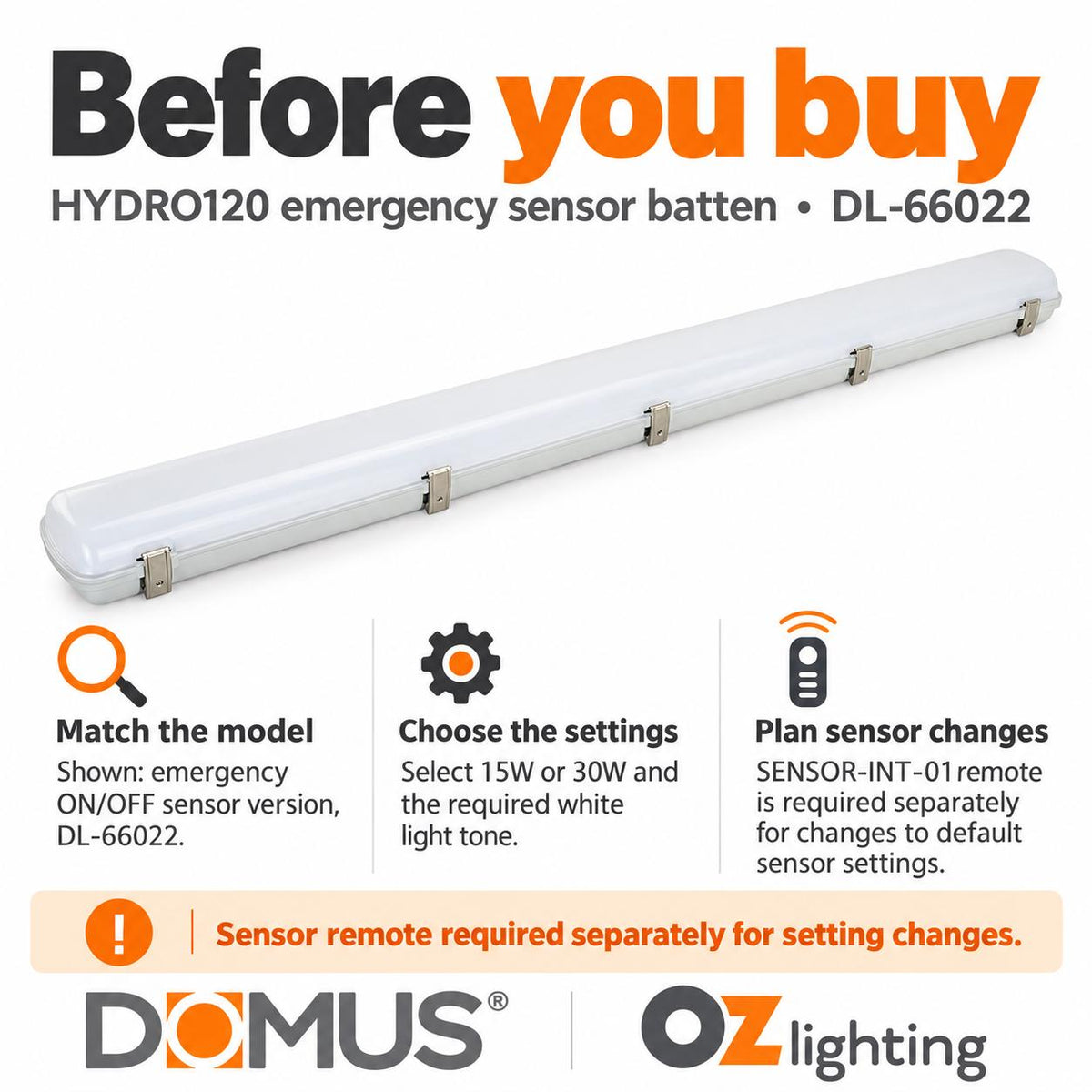 Domus HYDRO-120-EM LED Batten Light - 15W/30W, 1200mm, Tri-Colour, IP65, Weatherproof, Optional Sensor, Emergency-Domus Lighting-Ozlighting.com.au