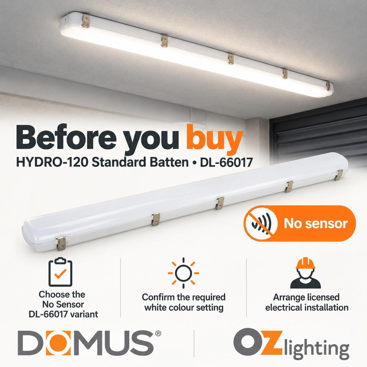 Domus HYDRO-120 LED Batten Light - 15W/30W, 1200mm, Tri-Colour, IP65, Weatherproof, Optional Sensor-Domus Lighting-Ozlighting.com.au