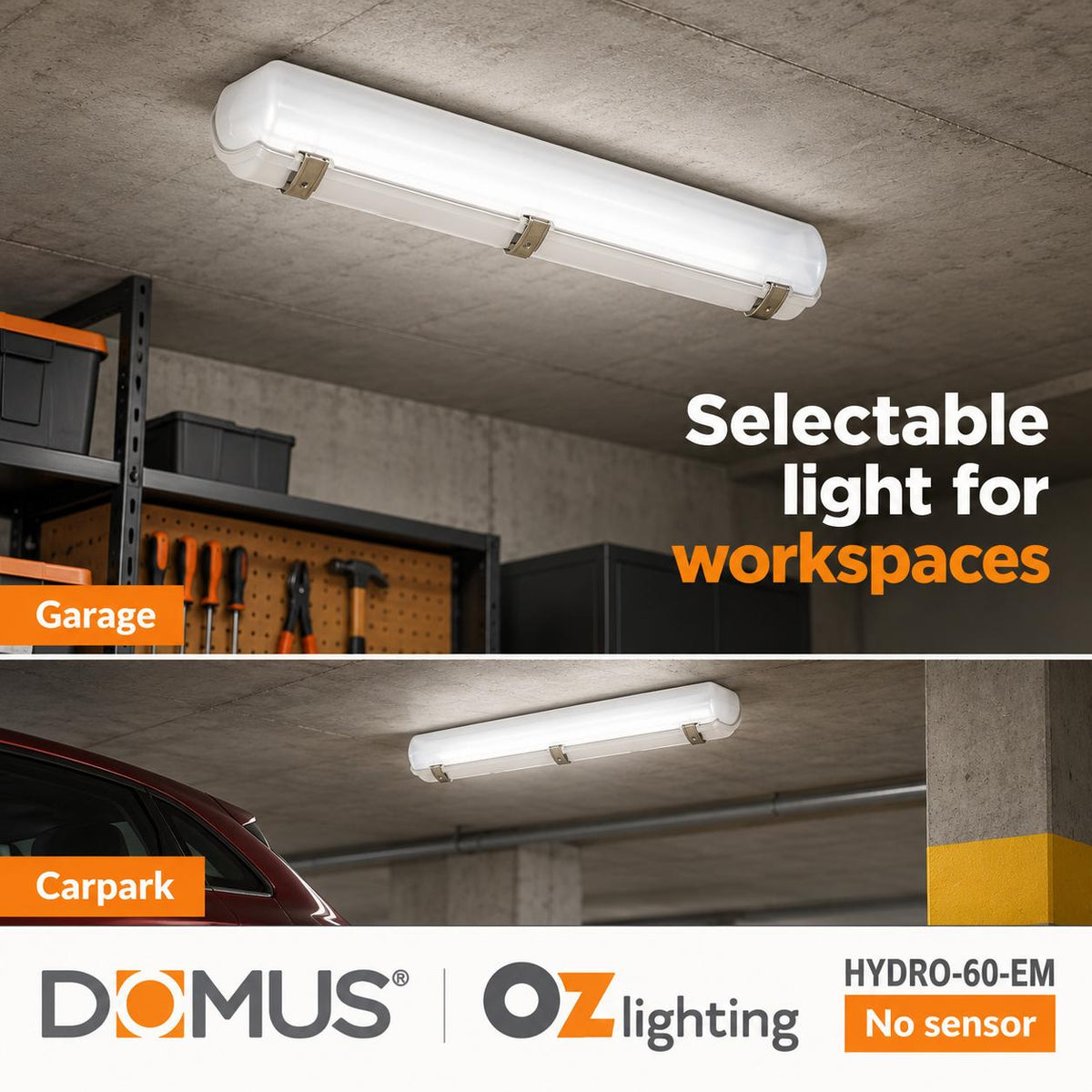 Domus HYDRO-60-EM LED Batten Light - 7.5W/15W, 600mm, Tri-Colour, IP65, Weatherproof, Optional Sensor, Emergency-Domus Lighting-Ozlighting.com.au
