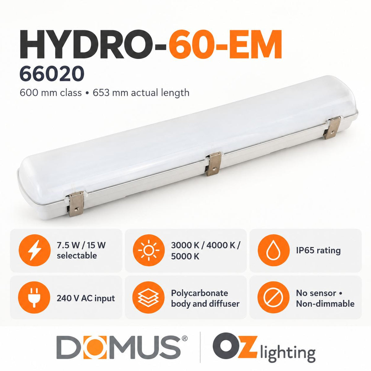 Domus HYDRO-60-EM LED Batten Light - 7.5W/15W, 600mm, Tri-Colour, IP65, Weatherproof, Optional Sensor, Emergency-Domus Lighting-Ozlighting.com.au