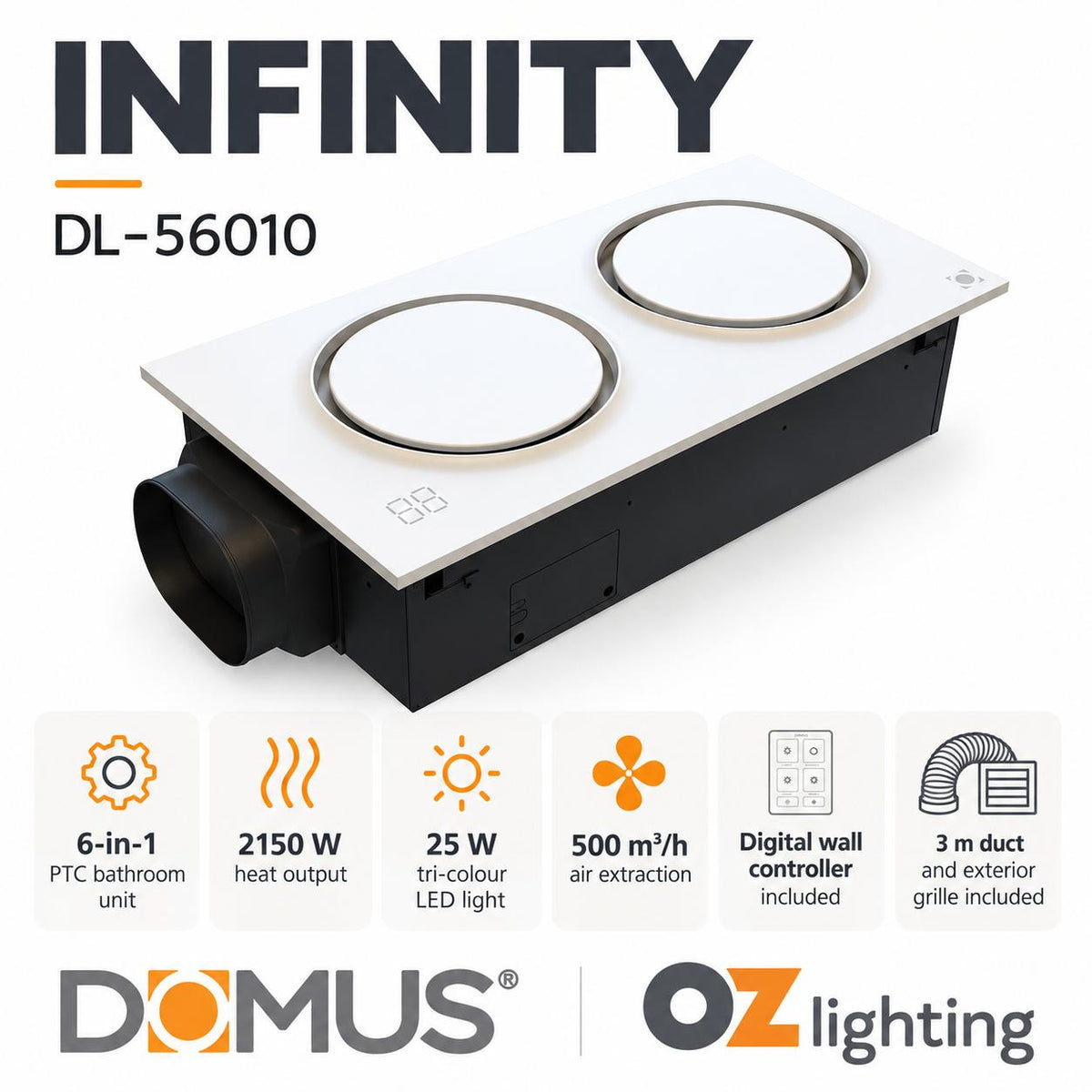 Domus INFINITY 6-in-1 Premium PTC Bathroom Heater-Domus Lighting-Ozlighting.com.au