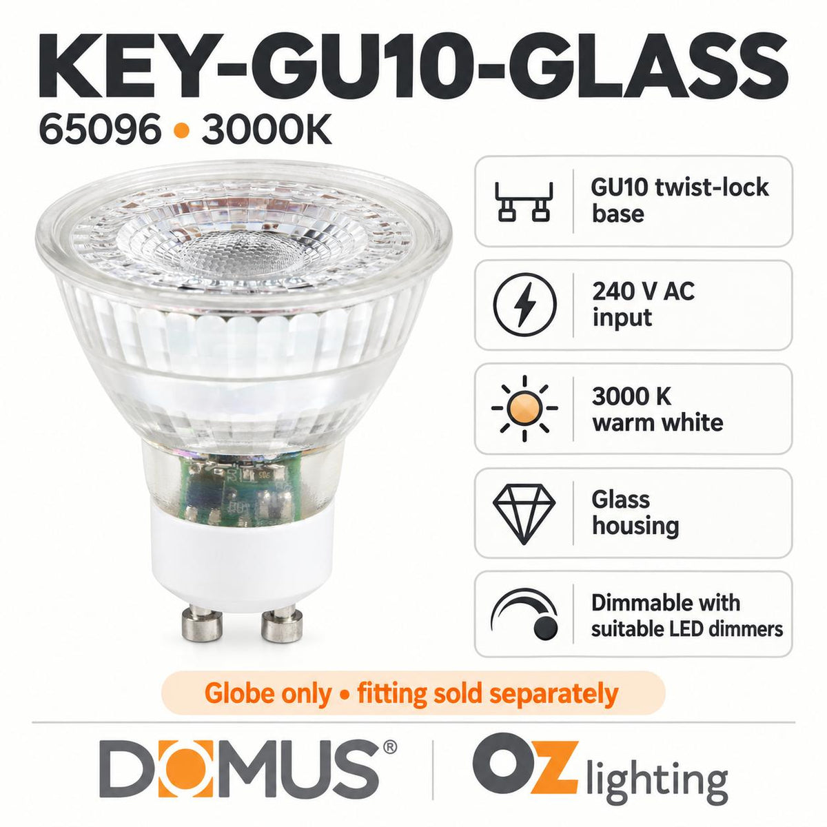 Domus KEY-GU10-GLASS LED Globe - 6W, GU10, Dimmable, Glass-Domus Lighting-Ozlighting.com.au