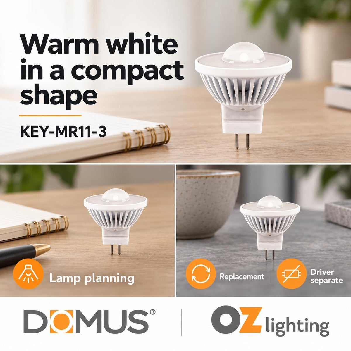 Domus KEY-MR11-3 LED Globe - 3W, 12V DC, 3000K, 38° - DRIVER REQUIRED-Domus Lighting-Ozlighting.com.au