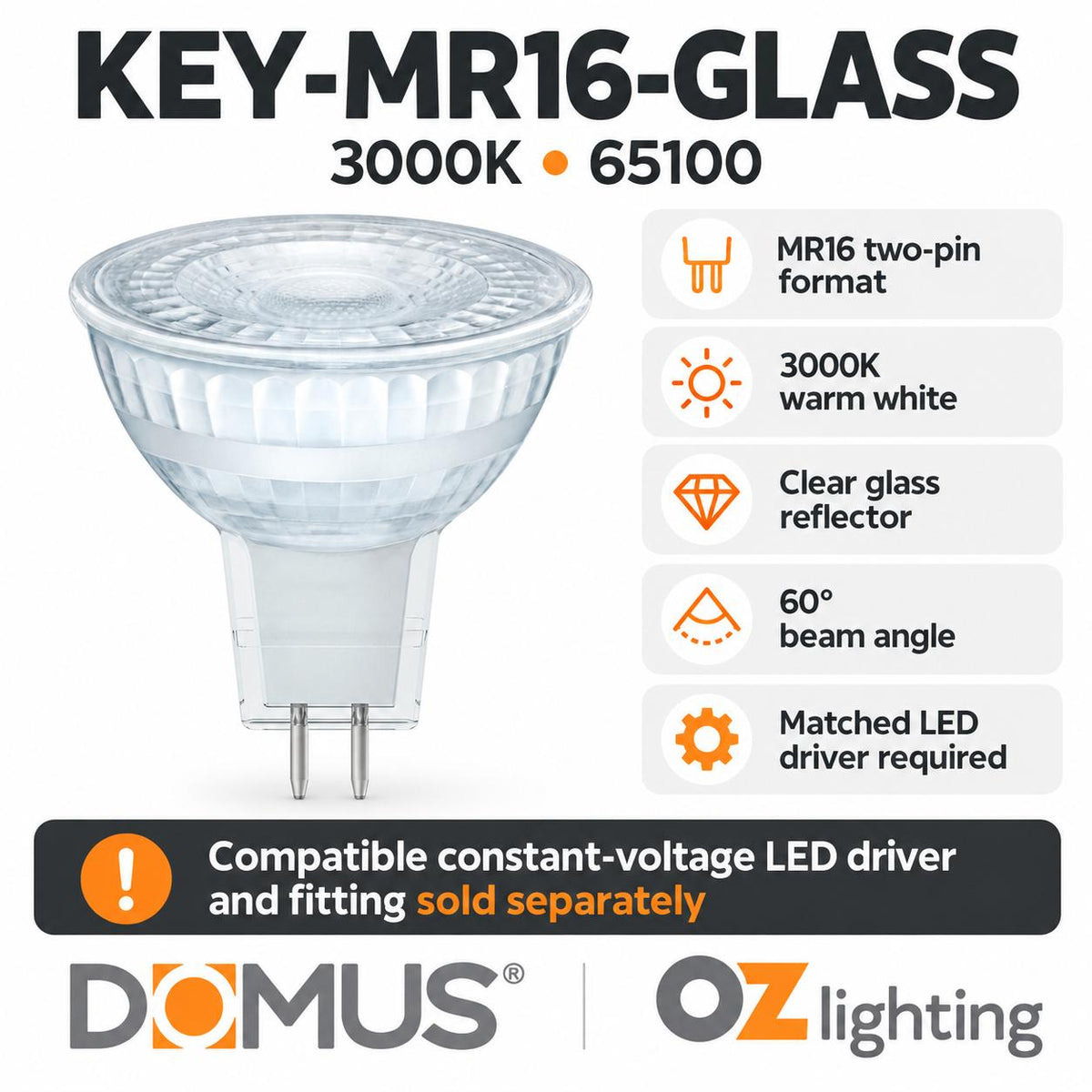 Domus KEY-MR16-GLASS LED Globe - 4.7W, 12V DC, MR16, Dimmable, Glass, 60° - DRIVER REQUIRED-Domus Lighting-Ozlighting.com.au