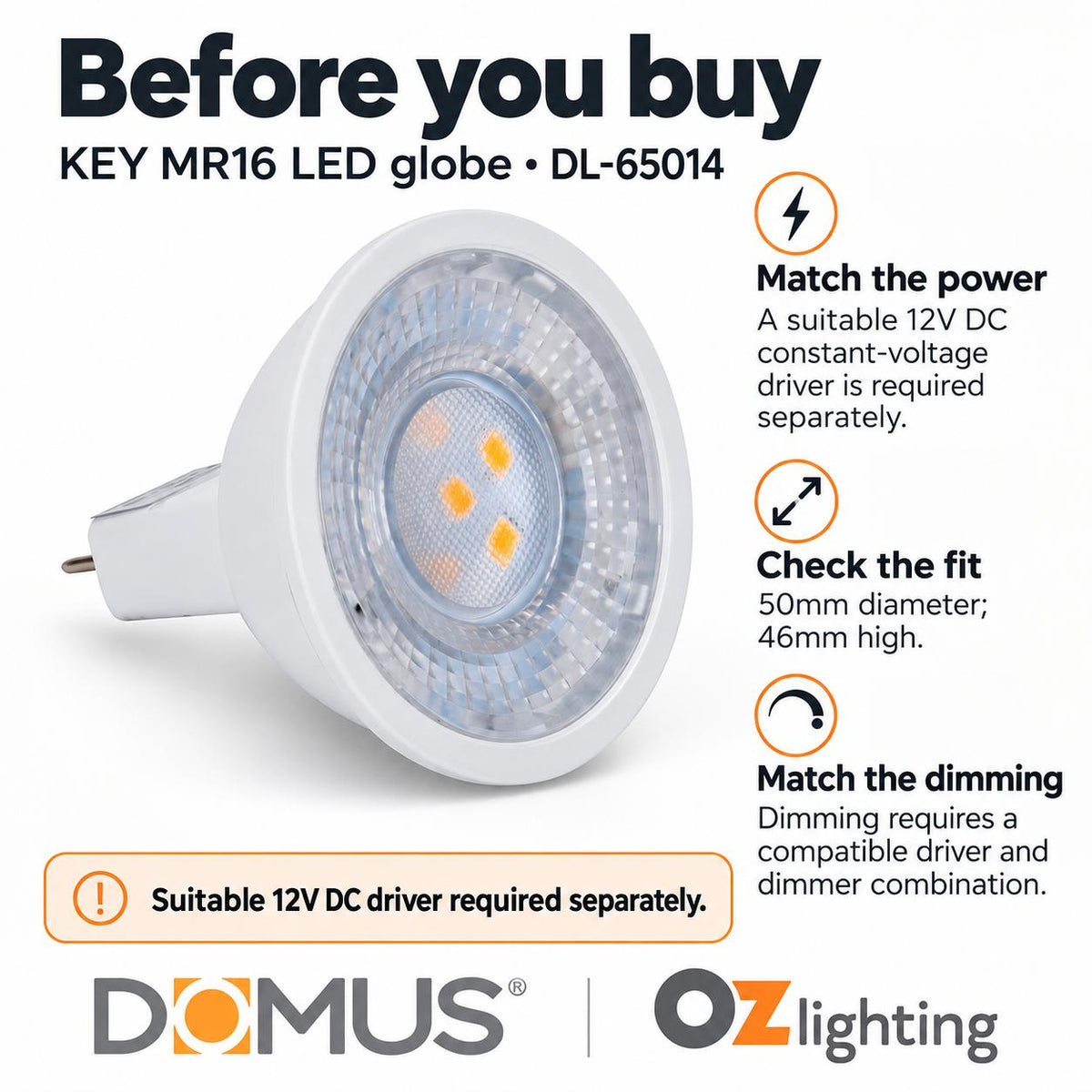 Domus KEY-MR16 LED Globe - Dimmable, MR16, 6W, 12V DC, 5000K - DRIVER REQUIRED-Domus Lighting-Ozlighting.com.au