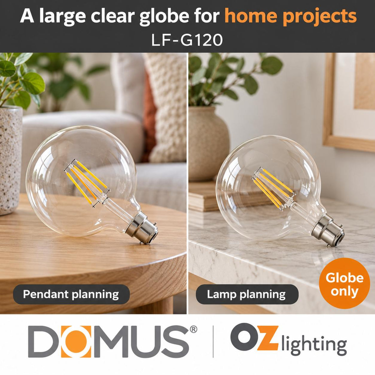Domus LF-G120 LED Globe - 7.8W, B22/E27, Filament, Dimmable, Spherical, Glass-Domus Lighting-Ozlighting.com.au