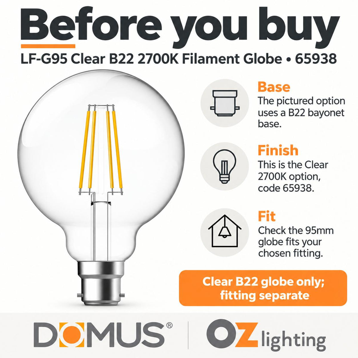 Domus LF-G95 LED Globe - 7W, B22/E27, G95, Filament, Dimmable, Spherical, Glass-Domus Lighting-Ozlighting.com.au