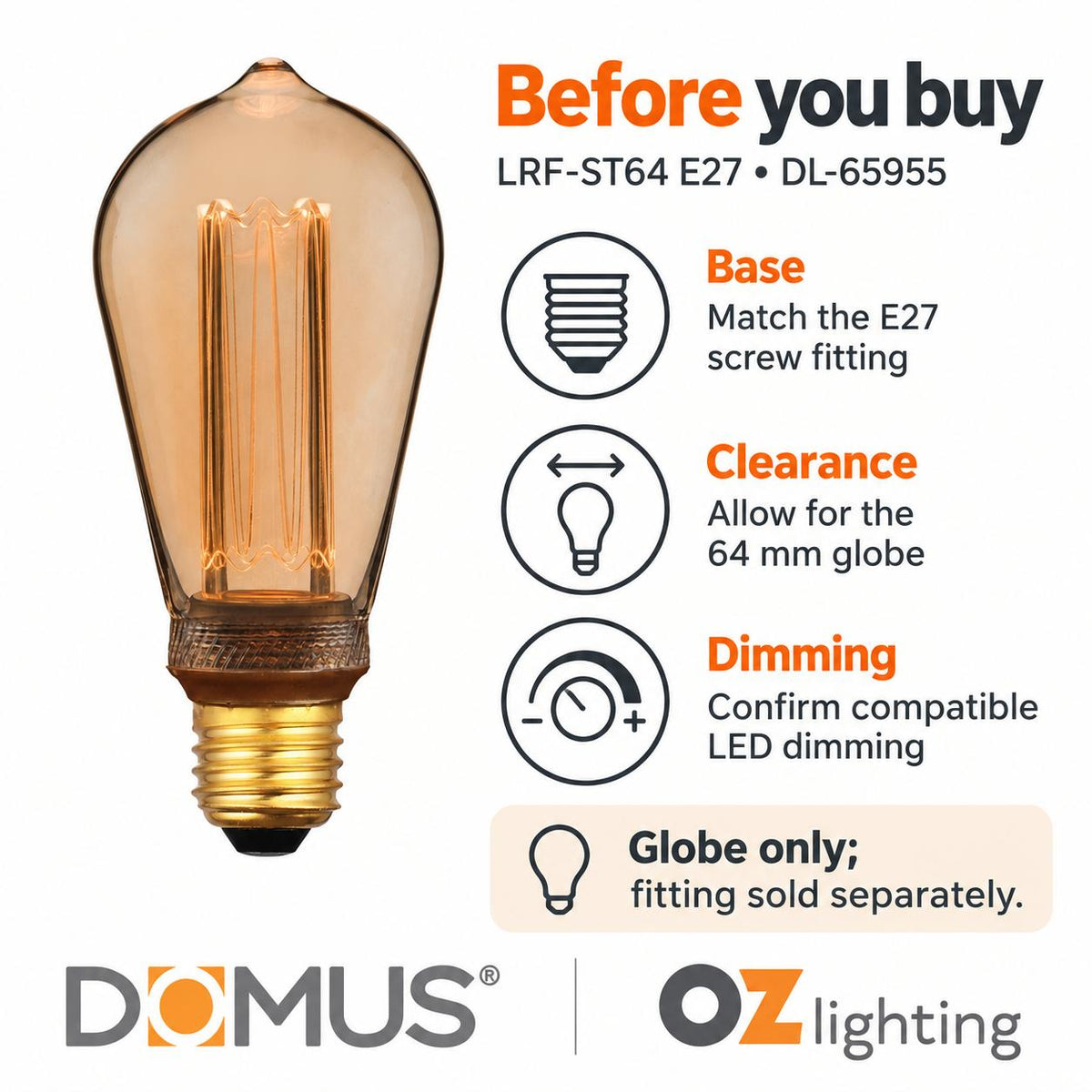 Domus LRF-ST64 LED Globe - 3.5W, B22/E27, 1800K, ST64, Filament, Dimmable-Domus Lighting-Ozlighting.com.au
