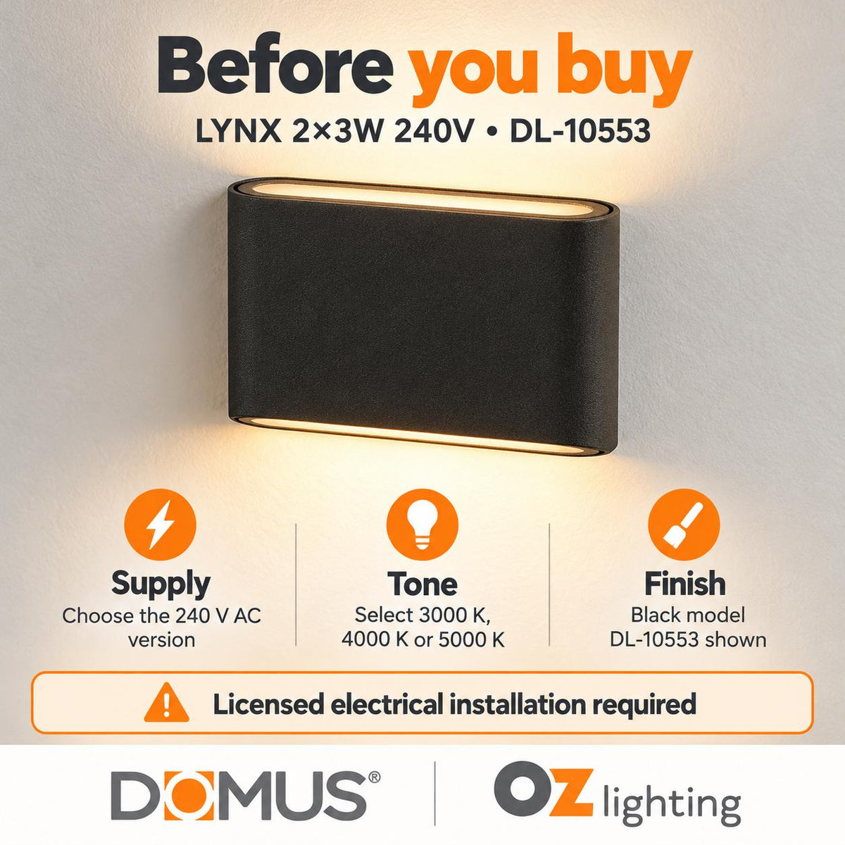 Domus LYNX LED Up/Down Wall Light - 2 x 3W, 240V-Domus Lighting-Ozlighting.com.au