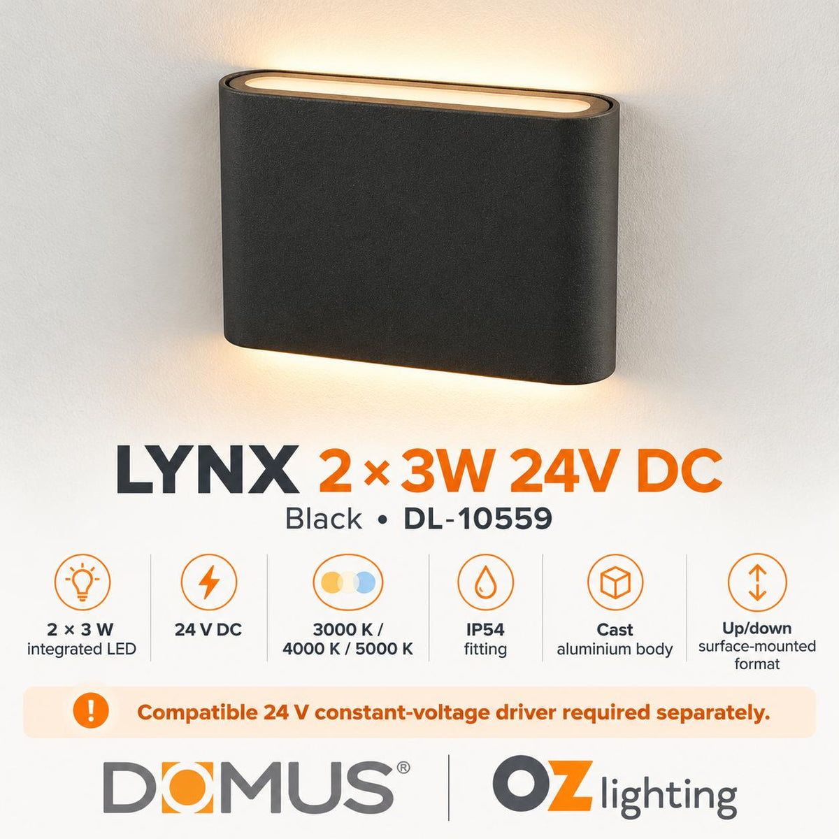Domus LYNX LED Up/Down Wall Light - 2 x 3W, 24V - DRIVER REQUIRED-Domus Lighting-Ozlighting.com.au