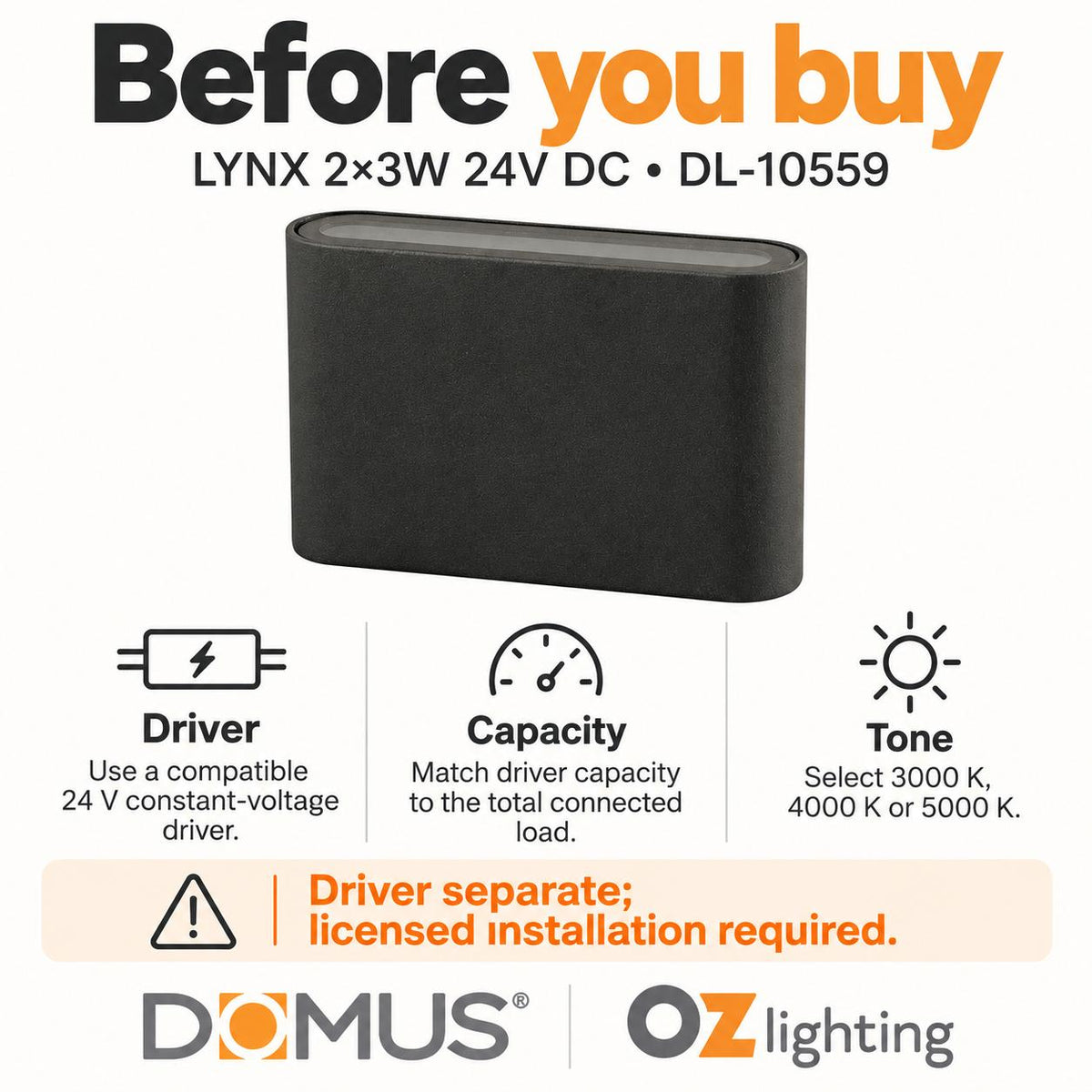 Domus LYNX LED Up/Down Wall Light - 2 x 3W, 24V - DRIVER REQUIRED-Domus Lighting-Ozlighting.com.au