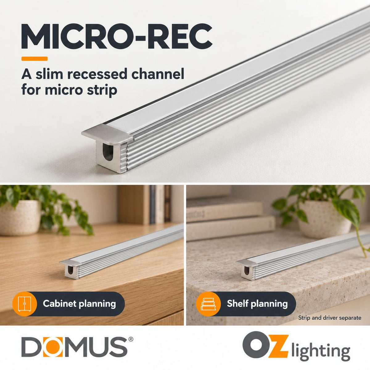 Domus MICRO-REC Mounting Profile - LP-0809-RC Recessed 1m Length-Domus Lighting-Ozlighting.com.au