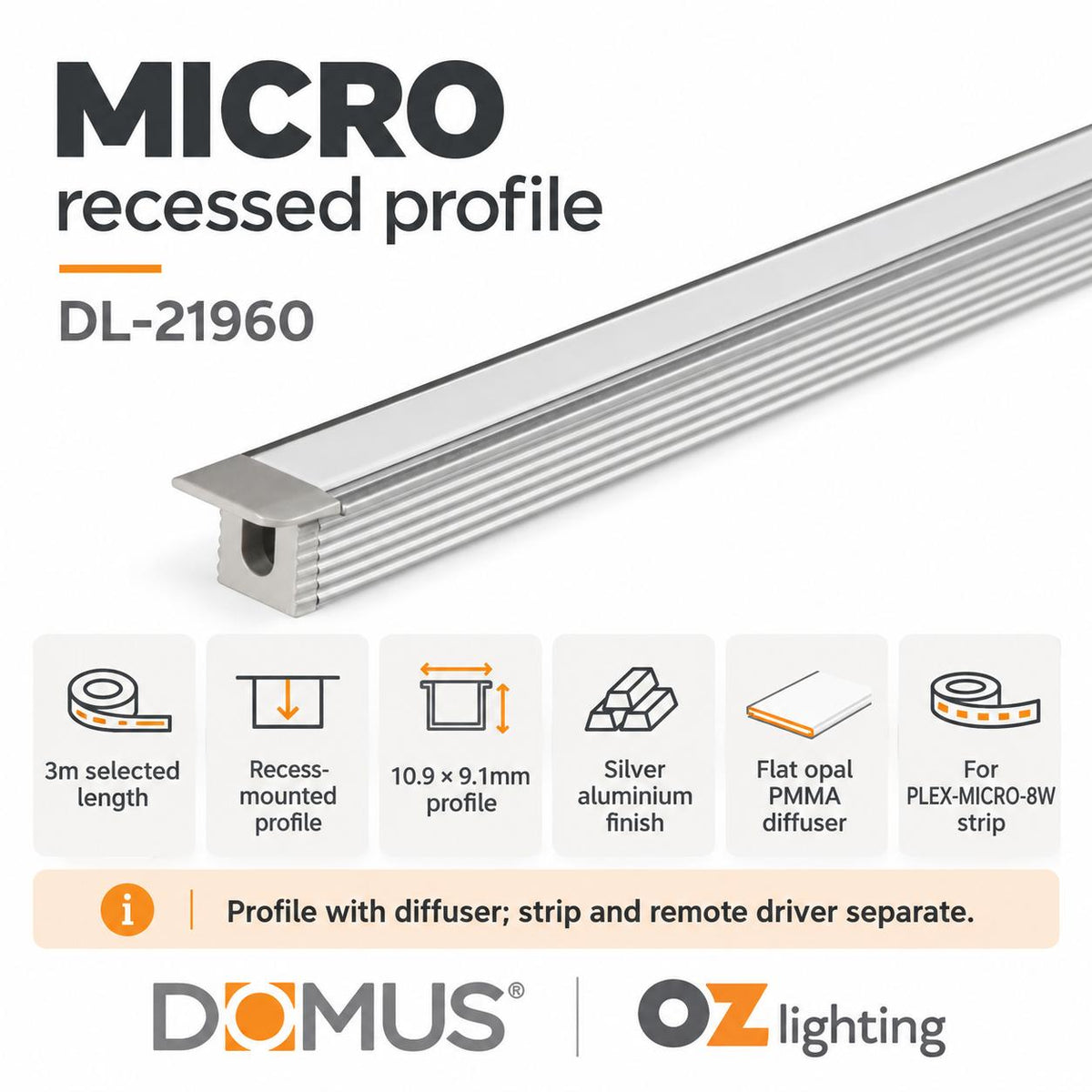 Domus MICRO-REC Mounting Profile - LP-0809-RC Recessed 3m Length-Domus Lighting-Ozlighting.com.au