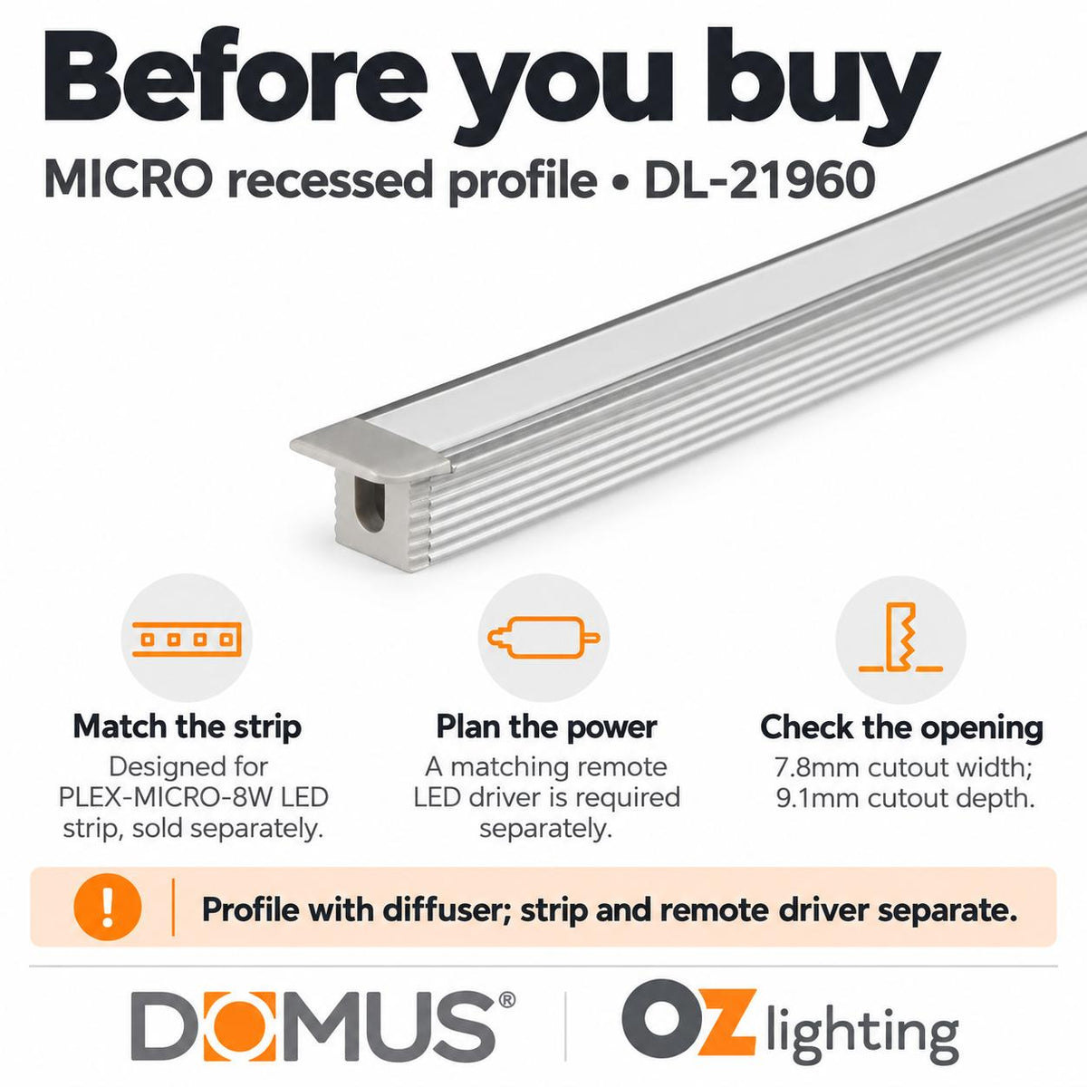 Domus MICRO-REC Mounting Profile - LP-0809-RC Recessed 3m Length-Domus Lighting-Ozlighting.com.au