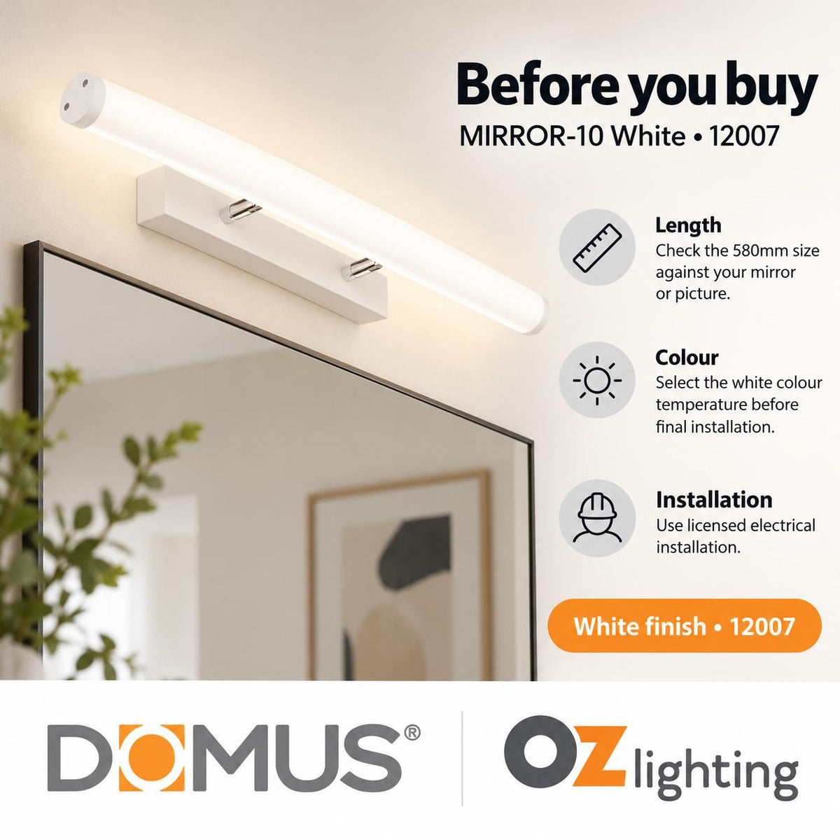 Domus MIRROR-10 LED Wall Vanity or Picture Light - 10W, Tri-Colour, 580mm-Domus Lighting-Ozlighting.com.au