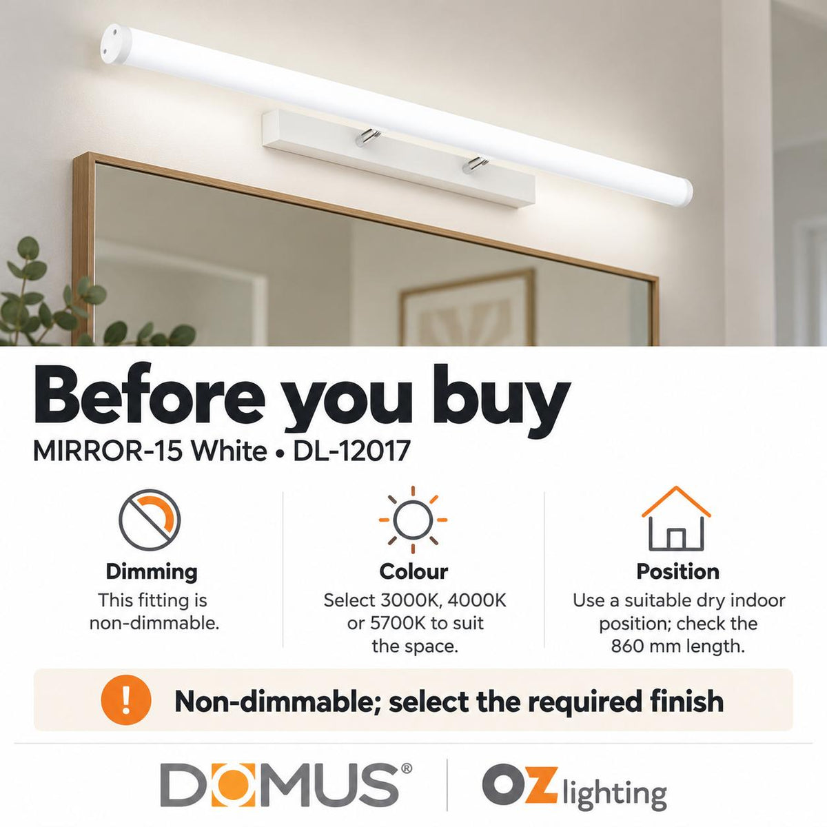 Domus MIRROR-15 LED Wall Vanity or Picture Light - 15W, Tri-Colour, 860mm-Domus Lighting-Ozlighting.com.au