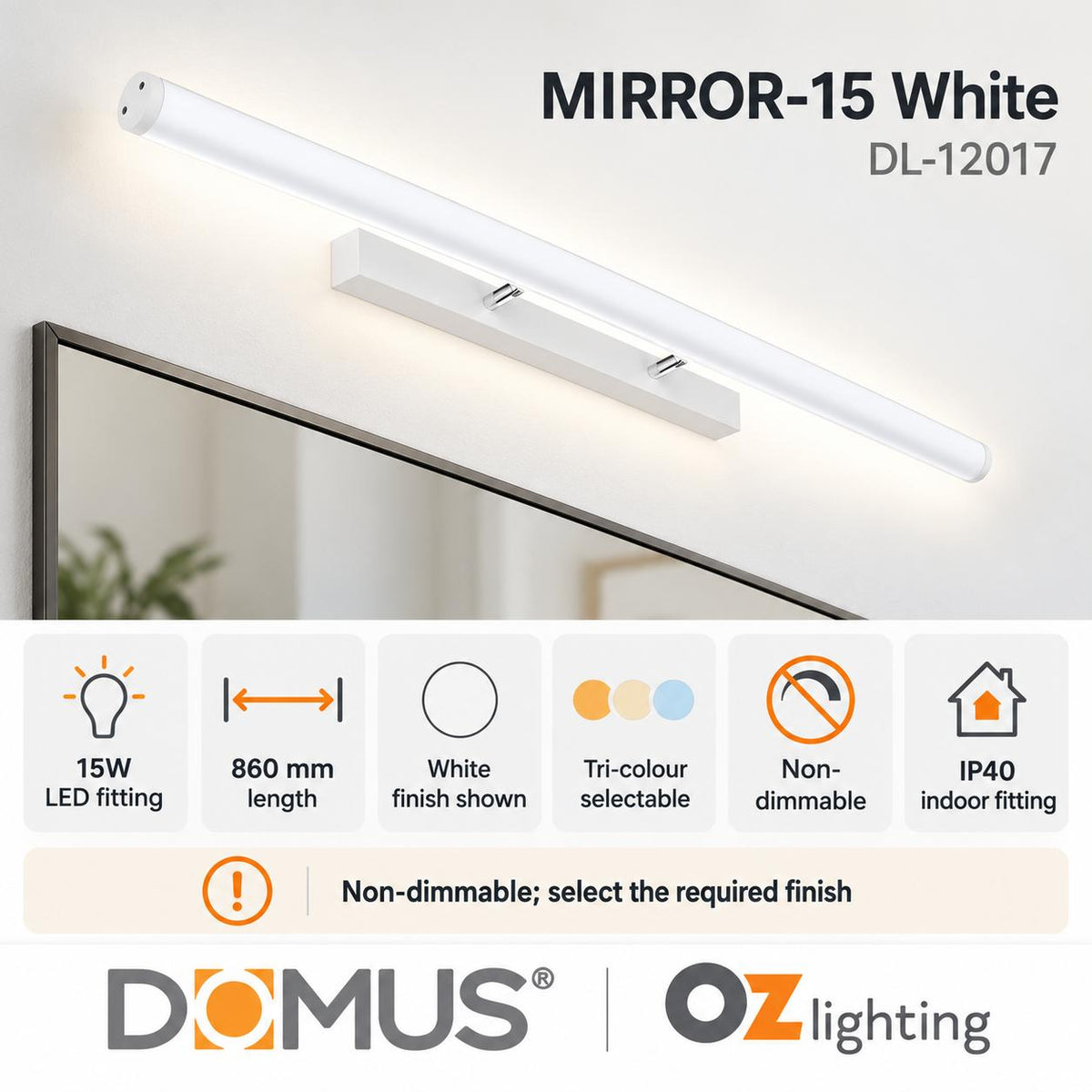 Domus MIRROR-15 LED Wall Vanity or Picture Light - 15W, Tri-Colour, 860mm-Domus Lighting-Ozlighting.com.au